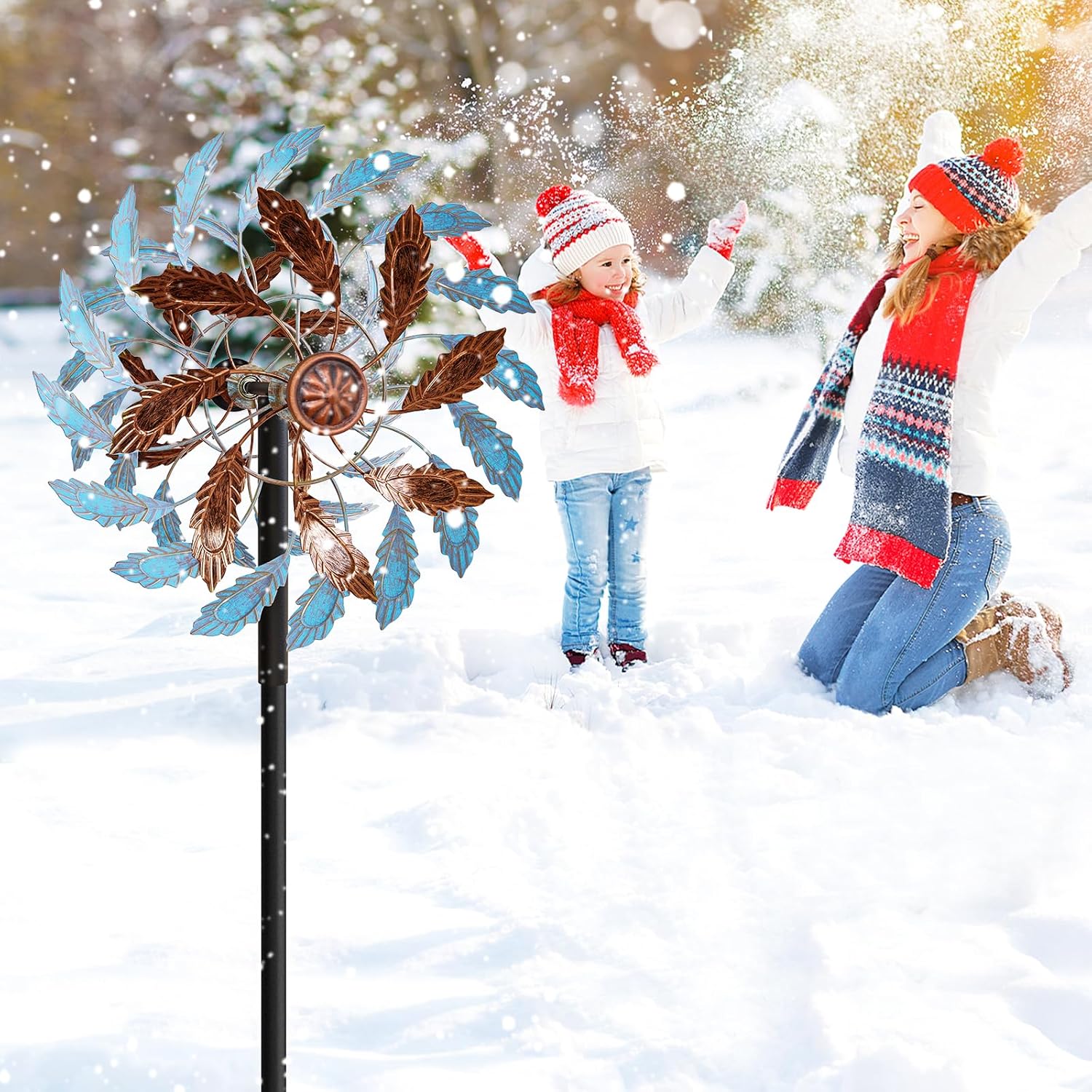 Metal Outdoor Wind Spinner, Wind Sculpture Spinner with Metal Stake, Waterproof 360 Degrees Kinetic Windmill Art Decoration for Patio Garden Lawn (Blue+Brown)