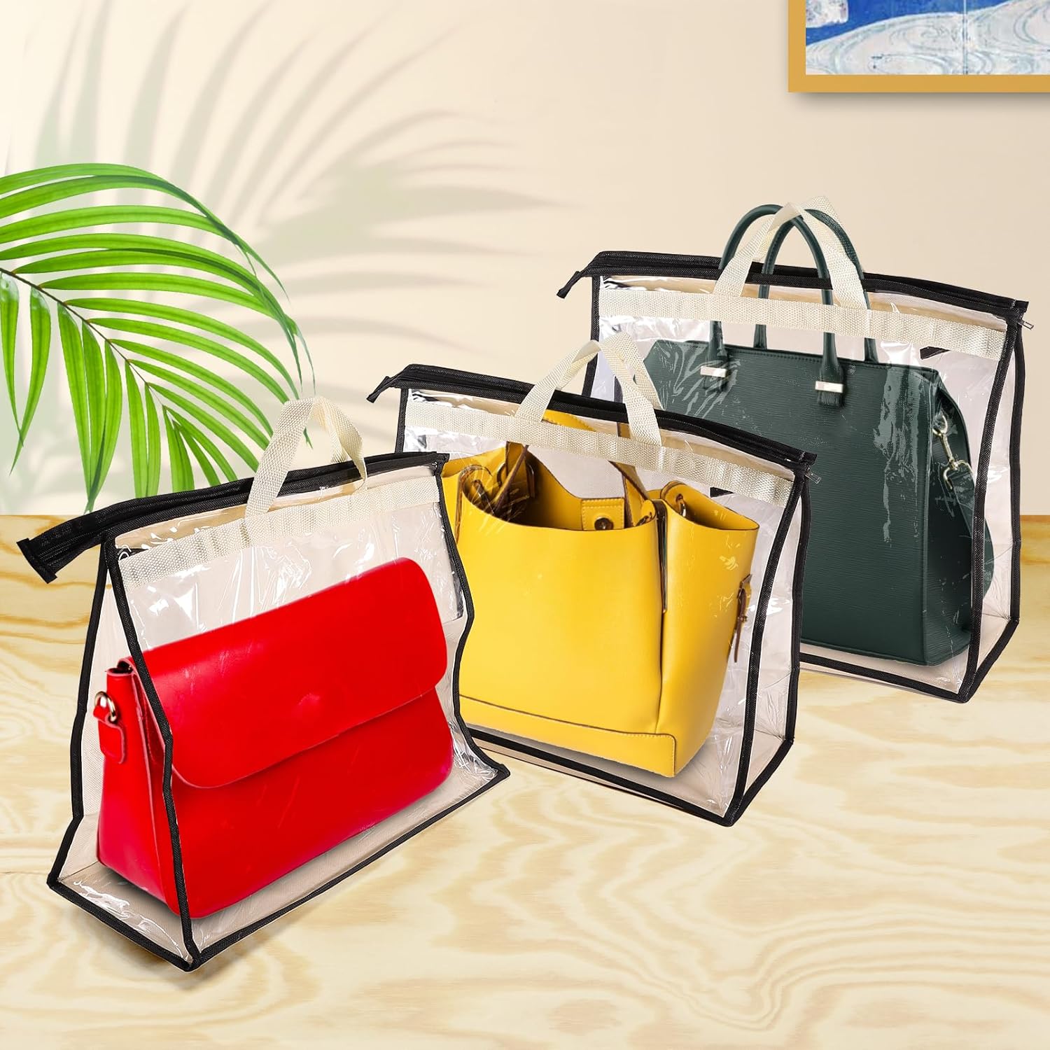 6 Pcs Dust Bags for Handbags, Purse Storage Organizer, Clear Dust Cover Bags with Zipper, Handles and Hooks (XL, Beige) - Image 6