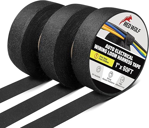 RED WOLF Cinta de tela para arnés de cableado eléctrico, 1 pulgada x 50 pies, 3 rollos de arnés de alambre flexibilidad, alta resistencia a la