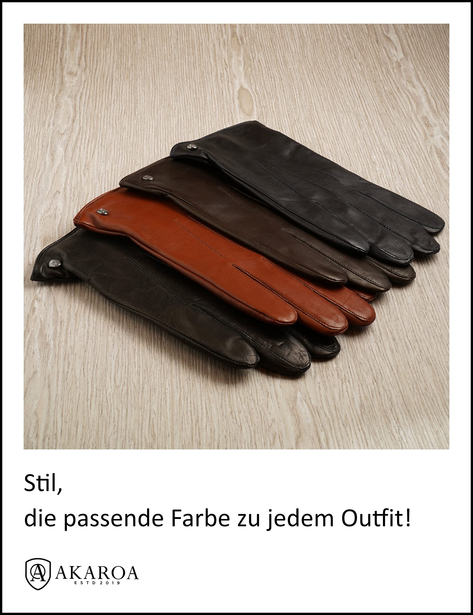 AKAROA ESTD 2019 Lederhandschuhe Herren MAX, Touchscreen Funktion, italienisches Leder, recyceltes Strickfutter aus 50% Kaschmir und 50% Wolle, 5 Größen S - XXL