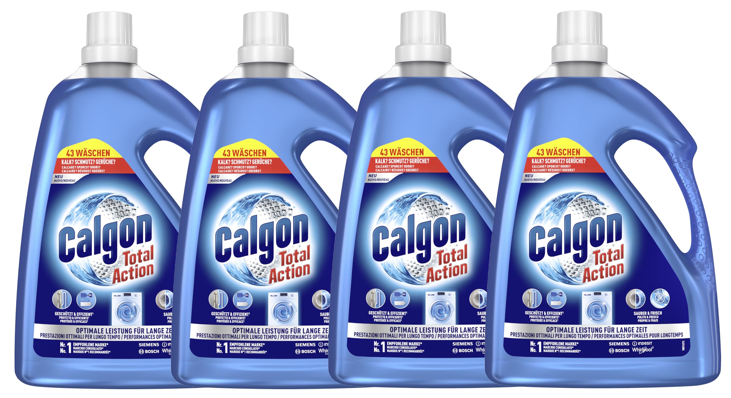 Calgon Total Action Wasserenthärter – Waschmachinen-Entkalker gegen Geruch, Schmutz und Korrosion – Schützender Wasserenthärter für die Waschmaschine – 4 x 2,15L