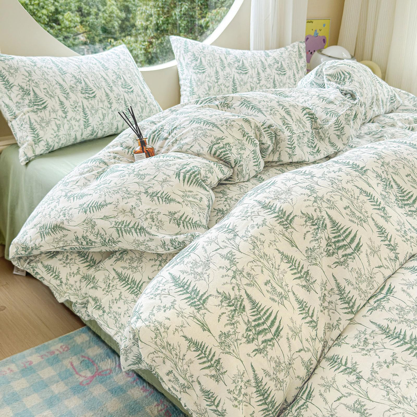 Muslin Duvet Cover Full Size 100% Cotton Botanical Floral Comforter Cover Ultra Soft Cottagecore Bedding Set Lightweight Linen Feel Textured Breathable Gauze Duvet Cover with 2 Pillowcases — image 1
