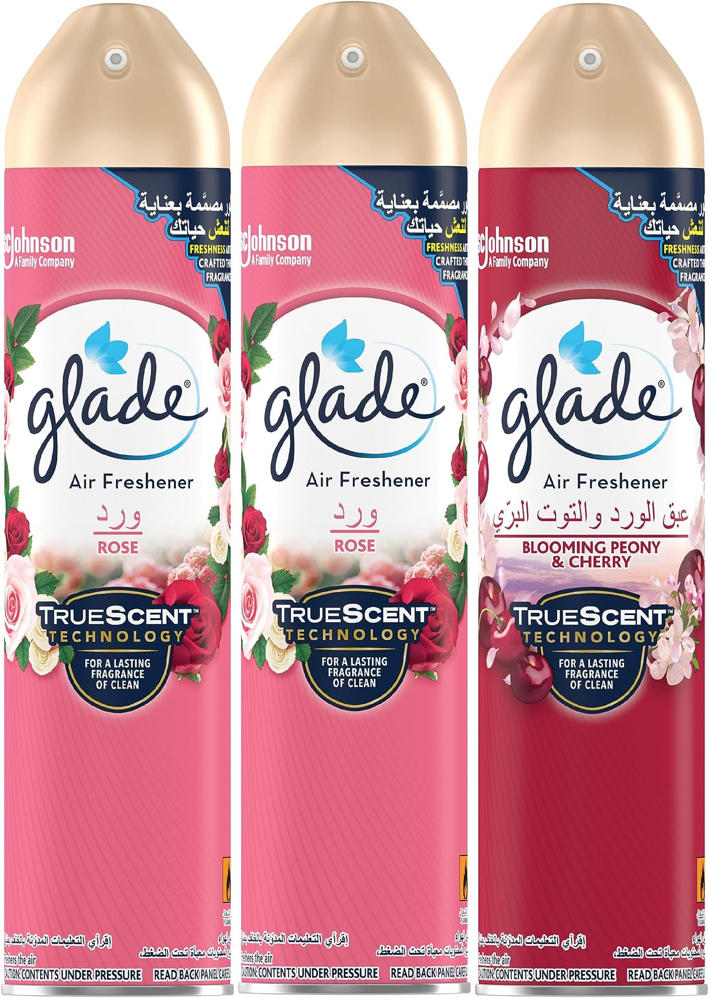 Glade Aerosol 2 x Rose & 1 x Blooming Peony & Cherry Air Freshener, Odour Eliminator, Refresh Every Room In Your Home, 3 x 300ml