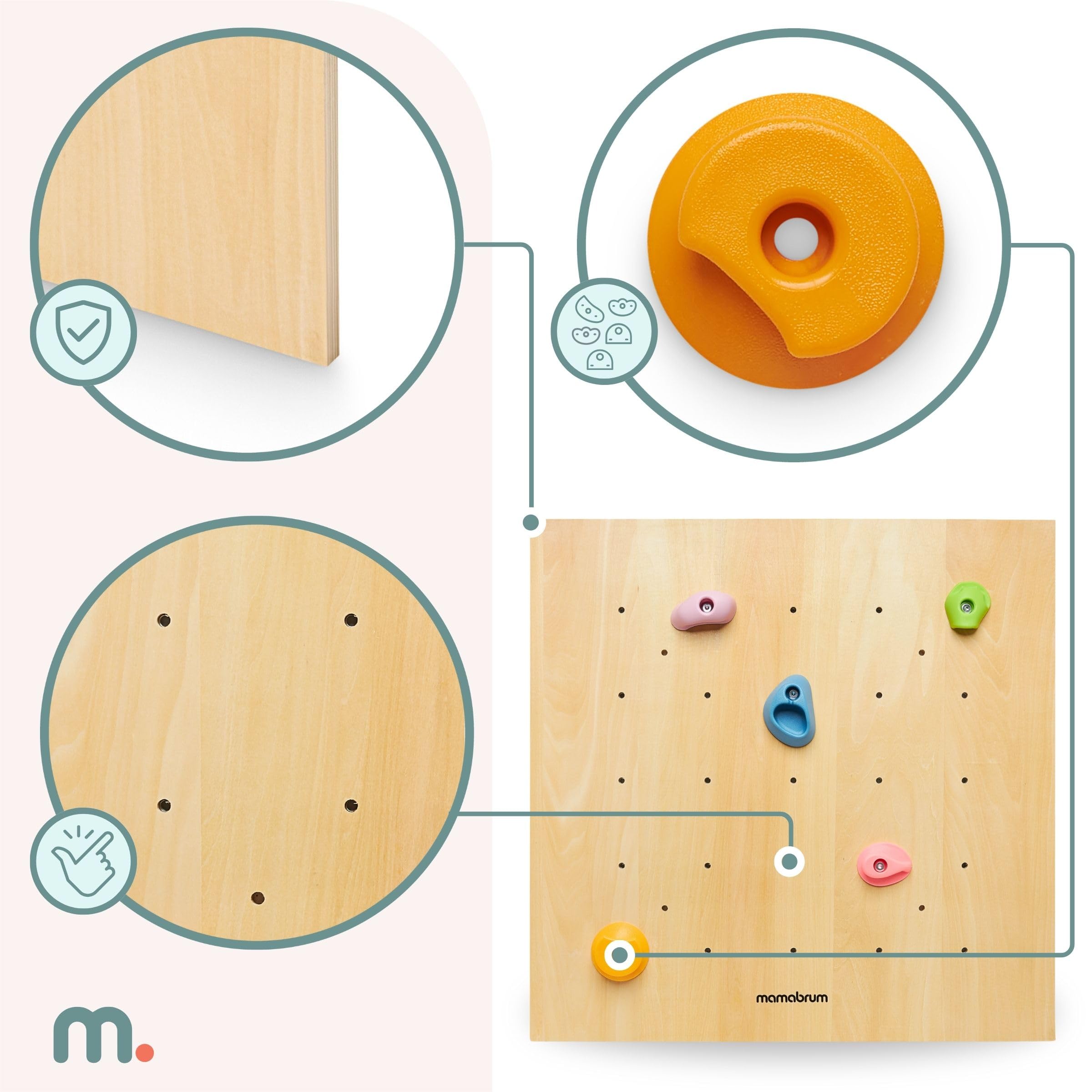 Mamabrum Holzkletterwand für Kinder mit 15 Griffen - 3 Montagepaneele mit Verstellbarkeit - Für Kinderzimmer - Max 100 kg - Ab 3 Jahre - Aktiver Homespaß