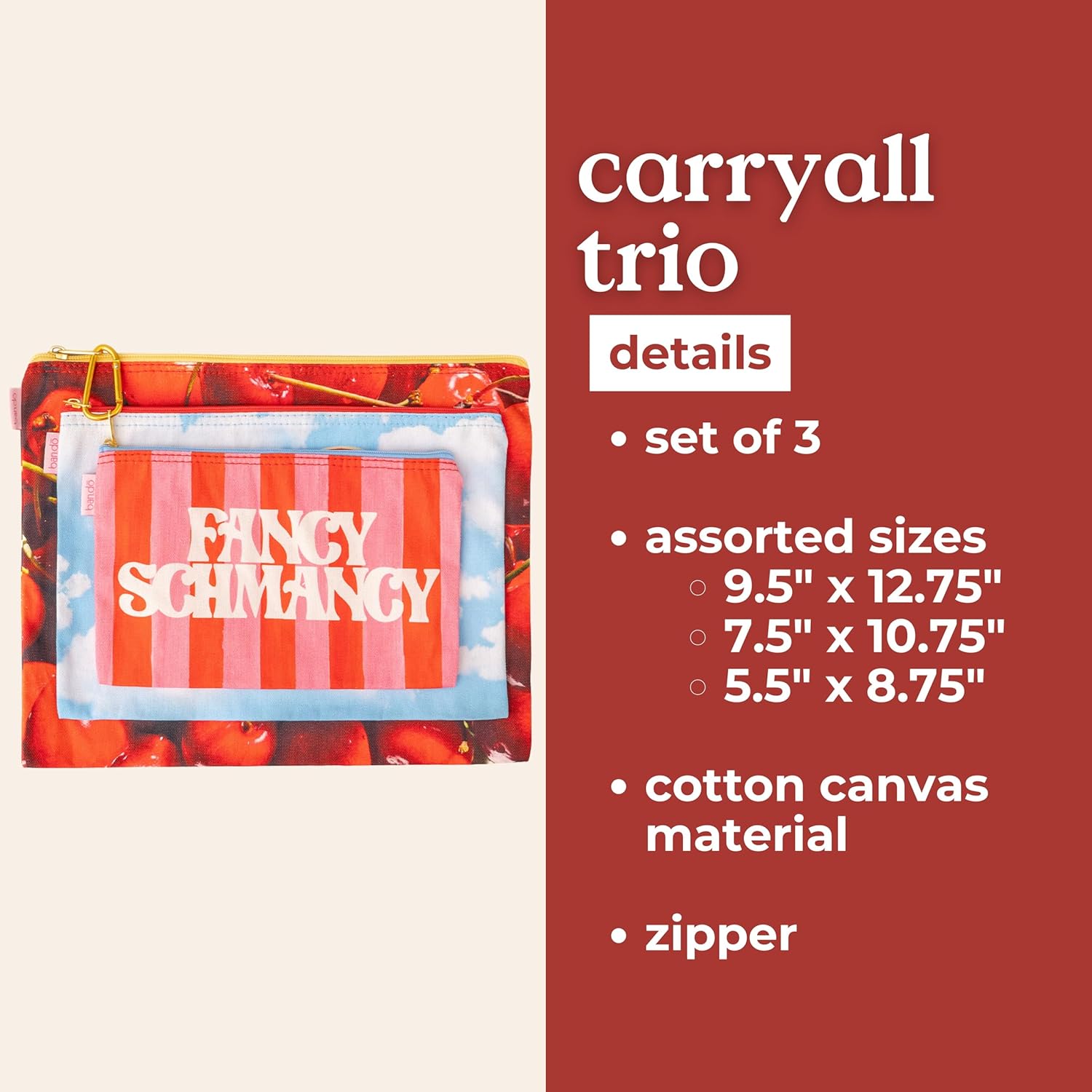 ban.do Travel Bags Carryall Trio, Cotton Bag Set, Zipper Pouch Set, 3 Zip Pouches for Pencils, Toiletries, or Accessories (Fancy Shmancy) image 7 of 7 B0G5V1832T