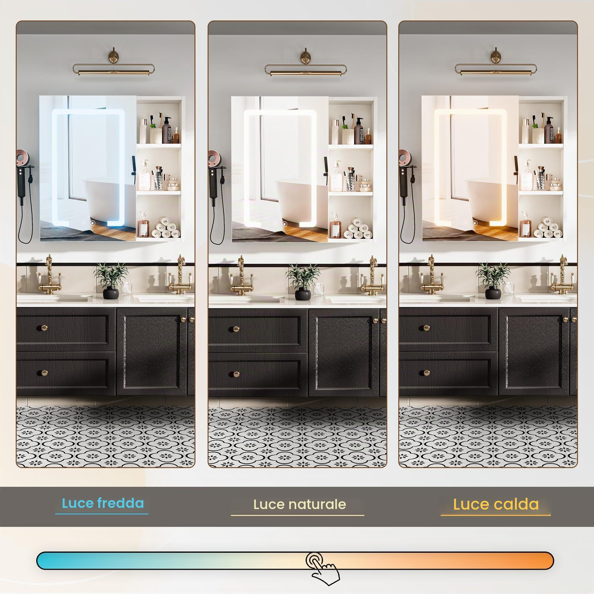 Specchio Bagno Contenitore con 3 Colori Luce, Armadio Specchio Bagno con Deumidificazione con 1 Tocco e Funzione di Memoria & con Mensola Regolabile(60x60x15 cm,Bianco)