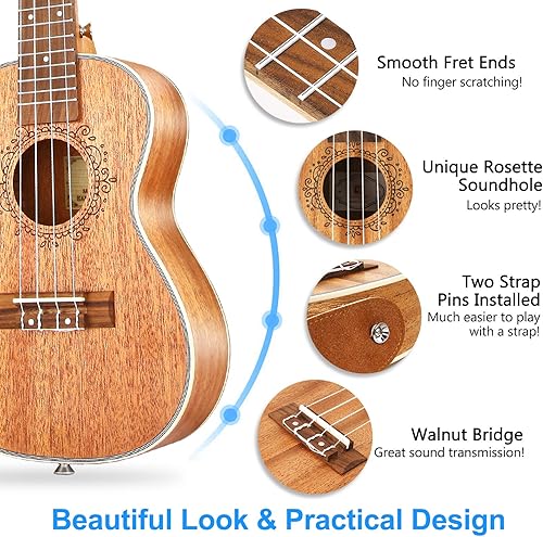 Miniatura 4 de Ukelele de concierto, ukelele acústico de caoba de 23 pulgadas, juego eléctrico profesional con kit de ecualizador para principiantes (bolsa de