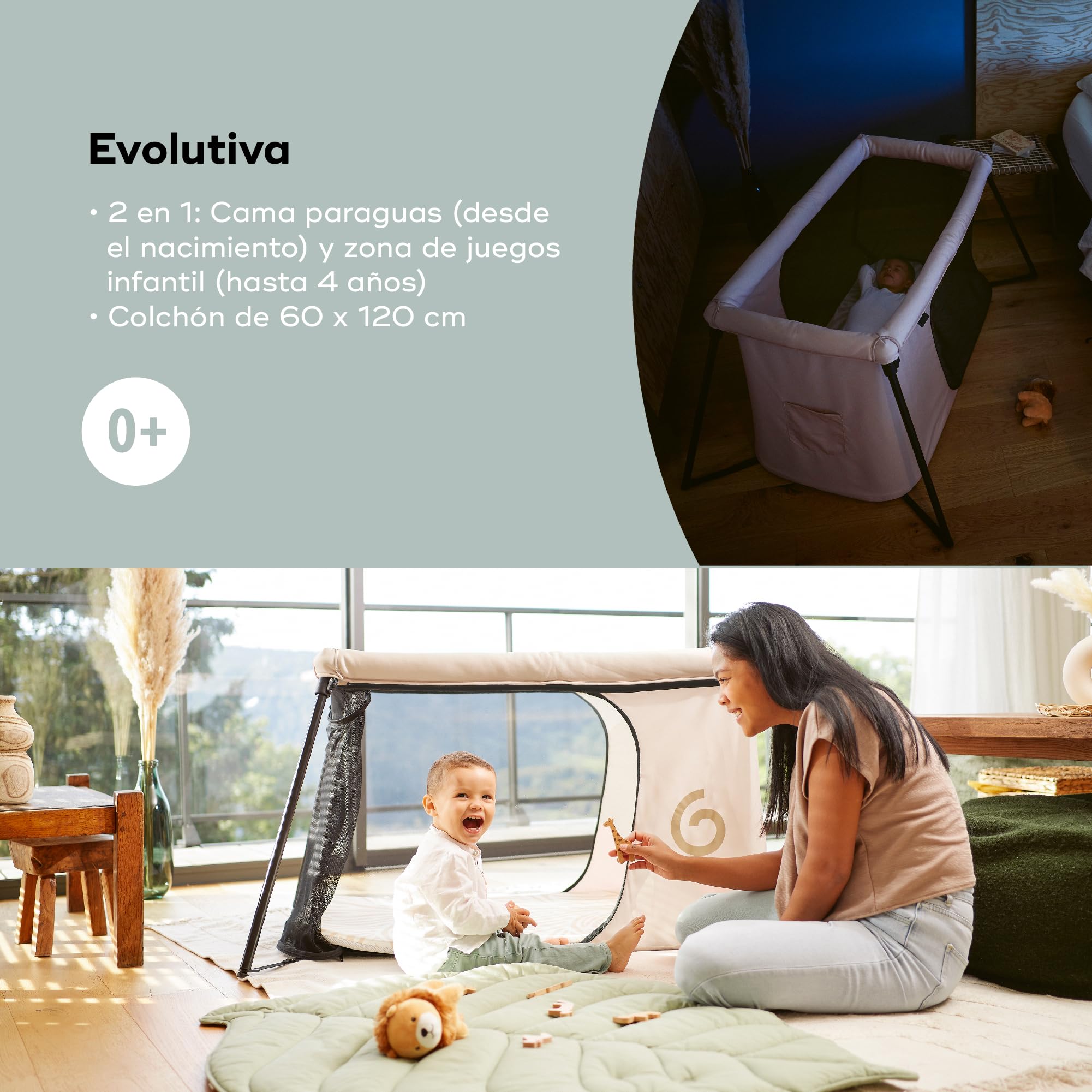 Babymoov Cuna Moov & Sleep, compacta y ligera (<5kg), Rápida de montar y plegar, Desde el nacimiento hasta los 4 años, Convertible en zona de juegos, Confortable, Densidad del colchón de 25kg/ms