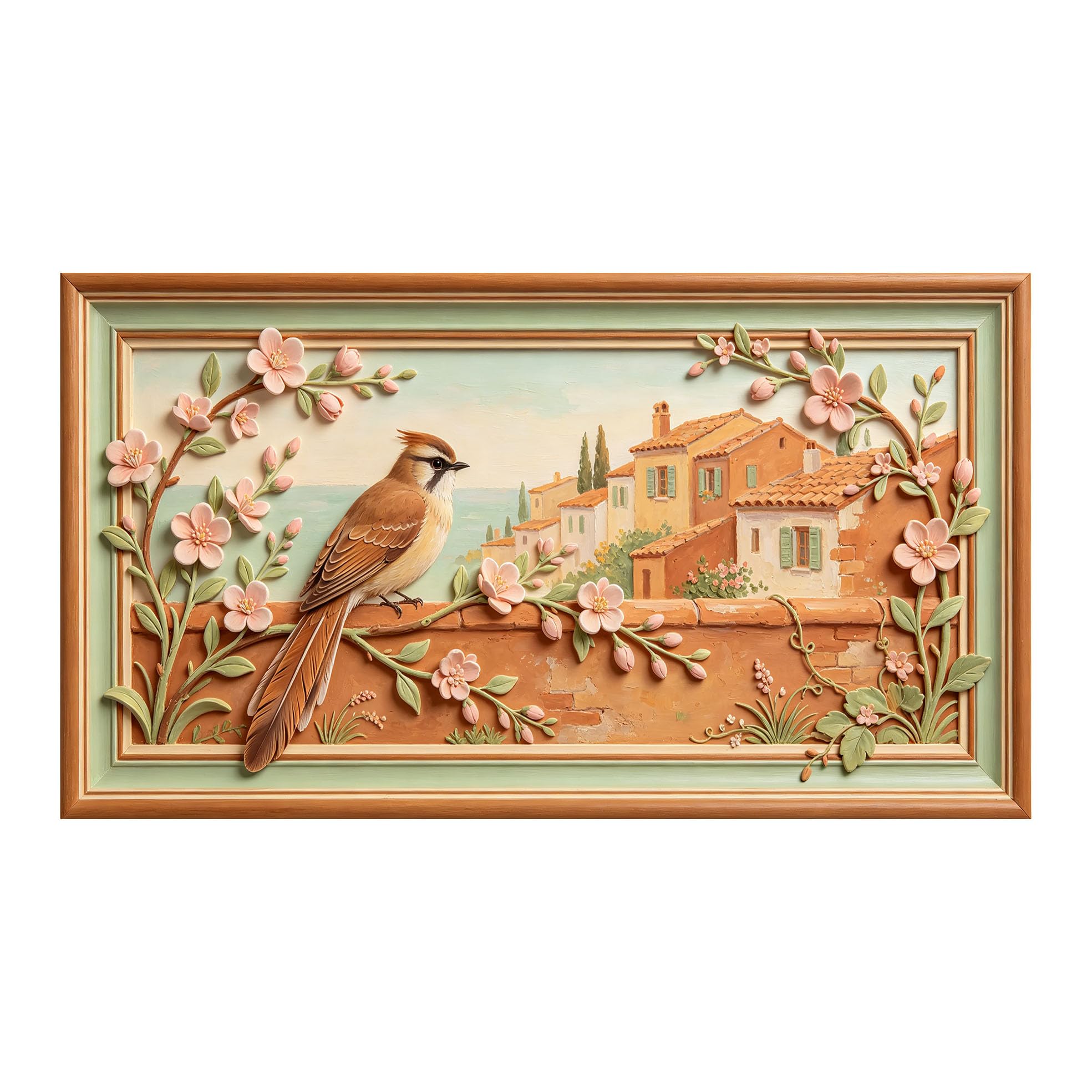 Yzpallescene 3D 3D Framed Wall Art 50cm×90cm Mediterranean Provence Bird Floral Relief Effect Large Size SelfAdhesive Removable Wall Decor Prints Artwork for Living Room Bedroom Office
