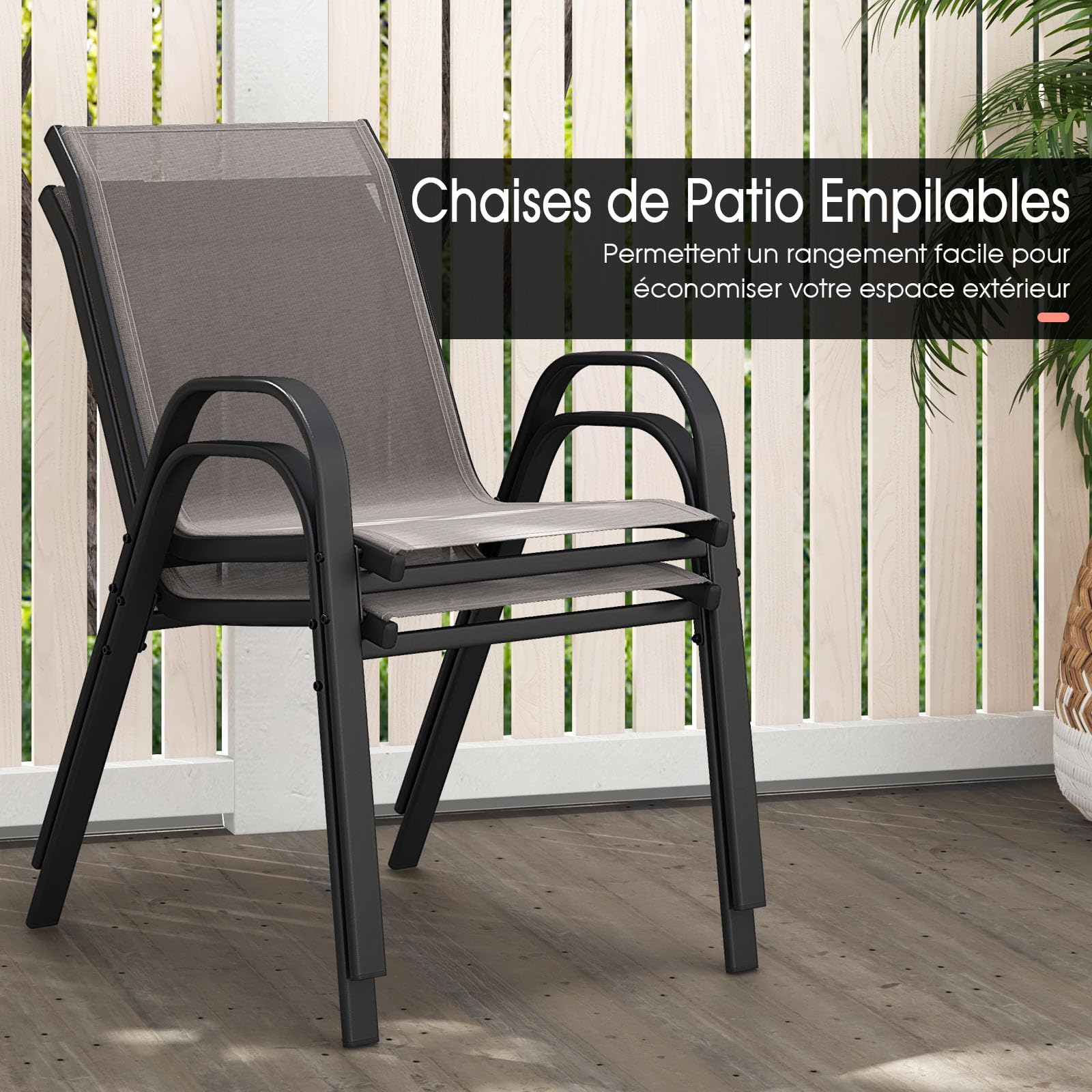 GIANTEX Lot de 2 Chaises de Jardin Extérieures, Chaise de Salle à Manger Empilables Cadre en Acier avec Mains Courantes, Fauteuil d'Extérieur avec Dossier et Siège Ergonomiques (Gris)