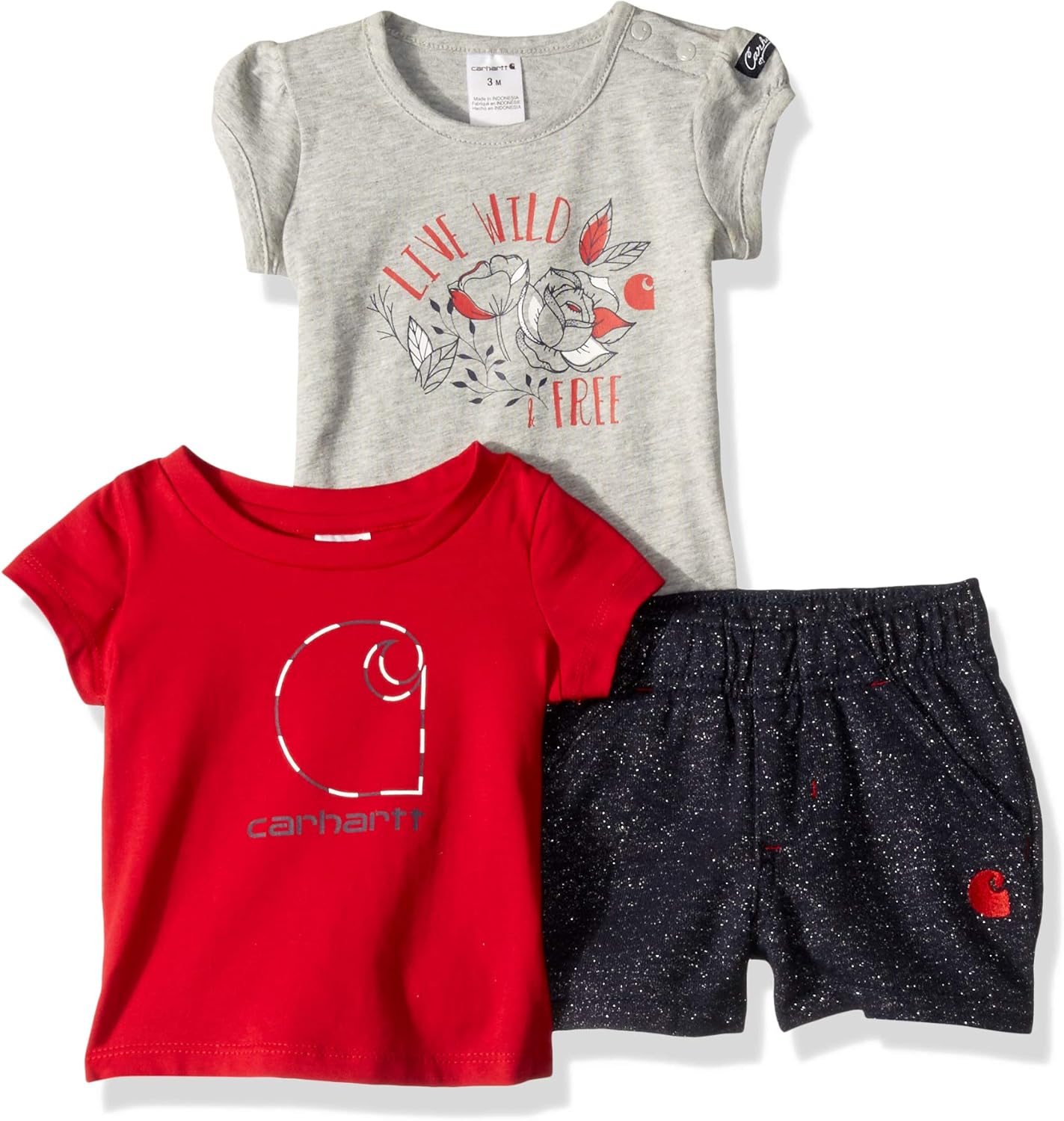 Carhartt Baby Girls' Shorts Set, Navy Short/"Live Wild" Bodysuit/Tango