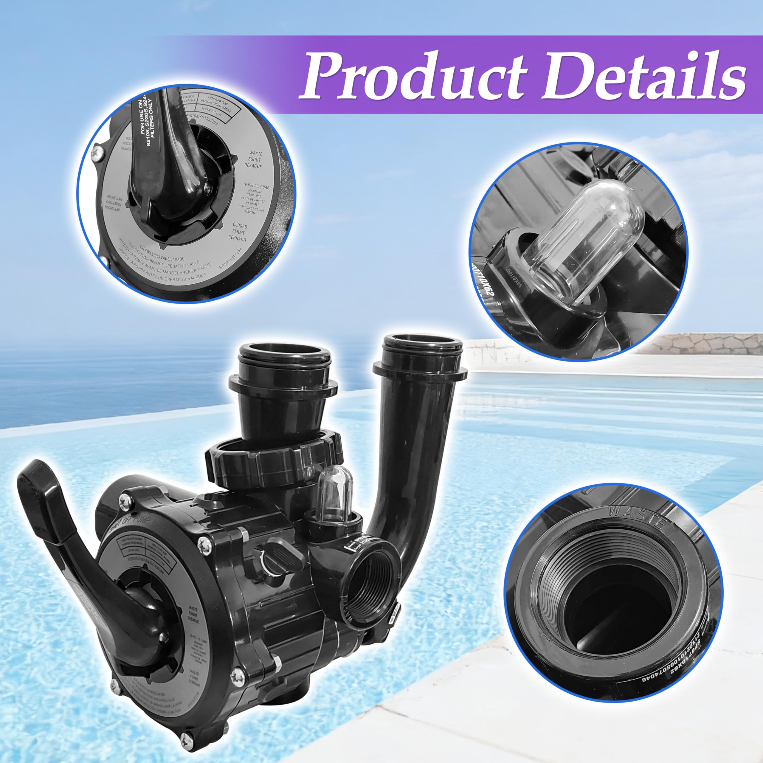SP0710X62 Válvula de múltiples puertos compatible con filtro de arena Hayward Pro-Series para montaje de válvula de control de 1-1/2 pulgadas 6 Pos, con calibre, negro