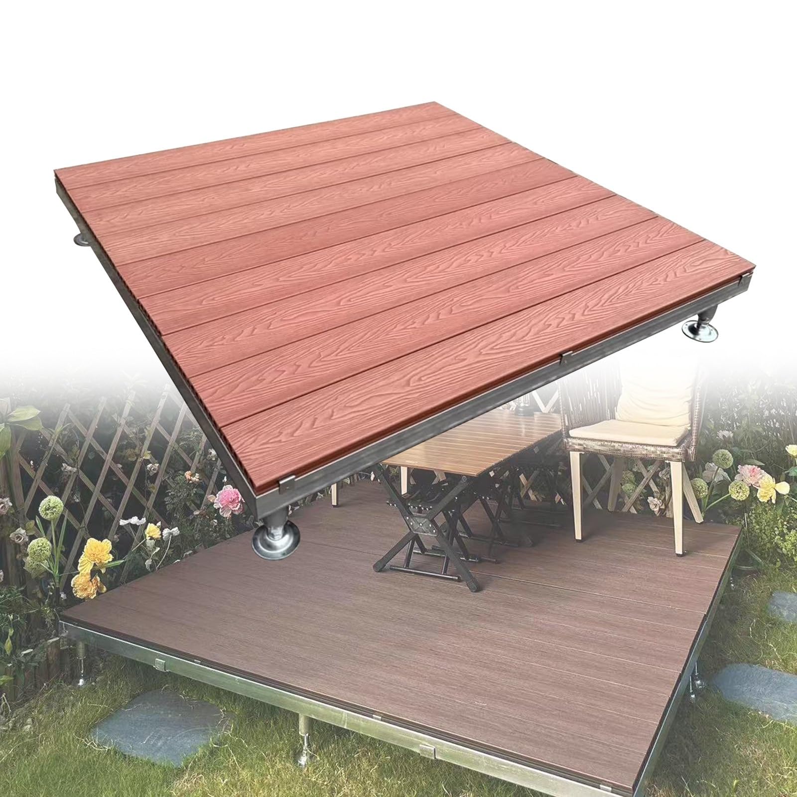 Piastrelle Per Terrazze In WPC 84cm Decking Modulare Piattaforma Incastro | Piattaforma Rialzata Esterno Con Telaio Metallico E Piedini Regolabili,Impermeabile,Pavimento Composito(Brown)
