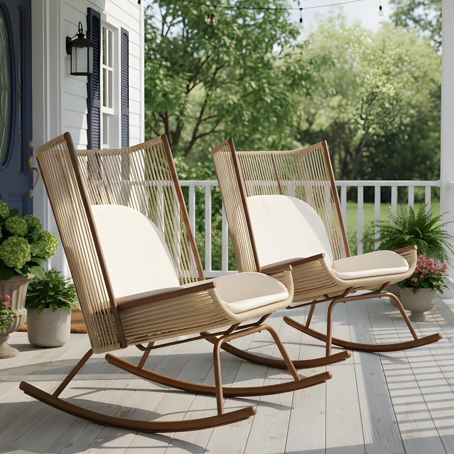 Christopher Knight Home Armont Outdoor Rocking Chair Set of 2, High Back PE Rattan Wicker Rocker with Metal Frame, Rocking Chair with Cushion, Rocker with Ergonomic Design for Patio or Lounge, Beige