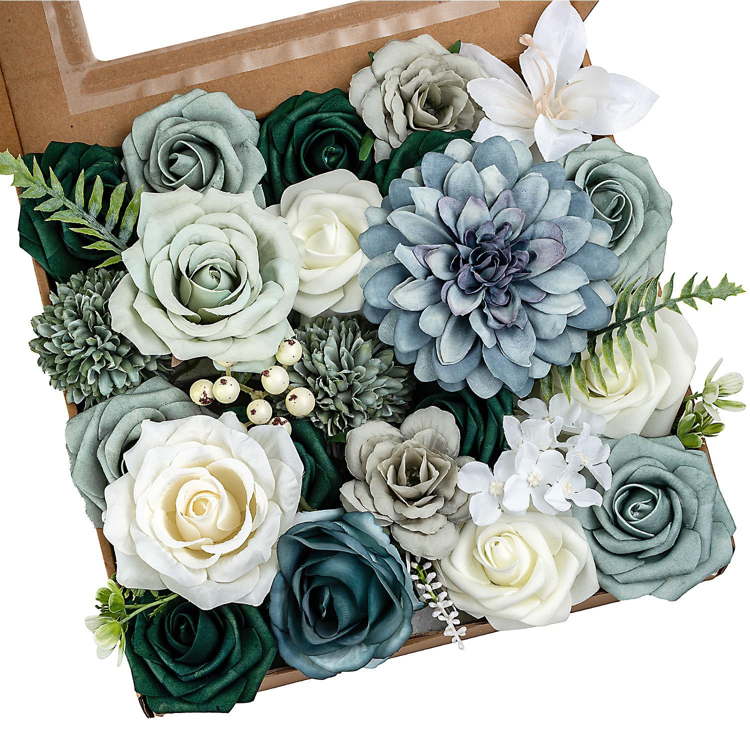 Photo 1 of BSMYBO Roses Artificial Green Flowers, Silk Flowers Bouquets Box Set Fake Floral Arrangements for Wedding Bridal Bouquets, Baby Shower, Floral Arrangement, Table Centerpieces, Home Decorations