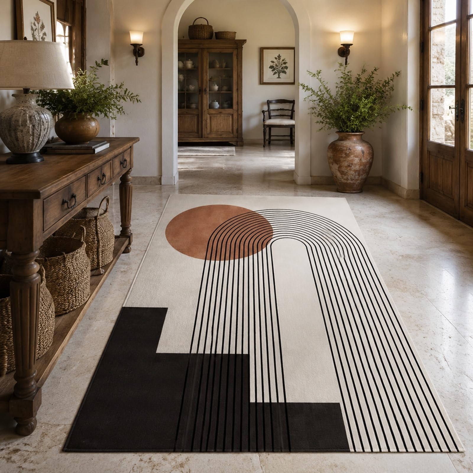 Moquette et tapis de salon géométrique beige noir blanc 80x160 cm