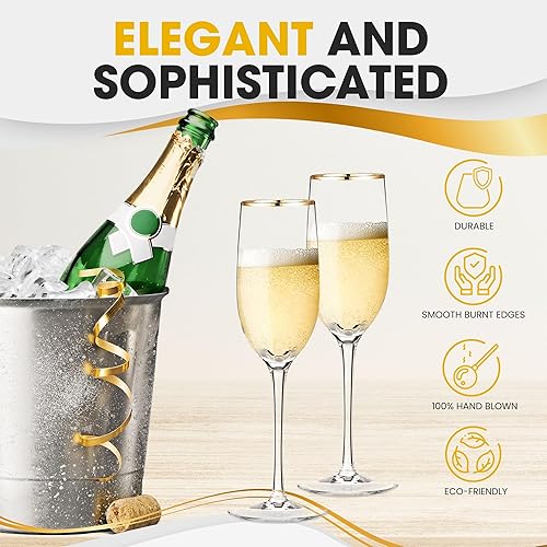 Miniatura 2 de Copas de champán de alta calidad, copas de champán de cristal con borde dorado, 7.7 onzas cada una (juego de 2)