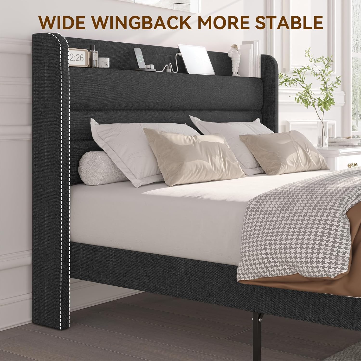 Flolinda Queen Bed Frame with Type-C & USB Ports Upholstered Platform Bed Frame with Wingback Shelf Dark Gray