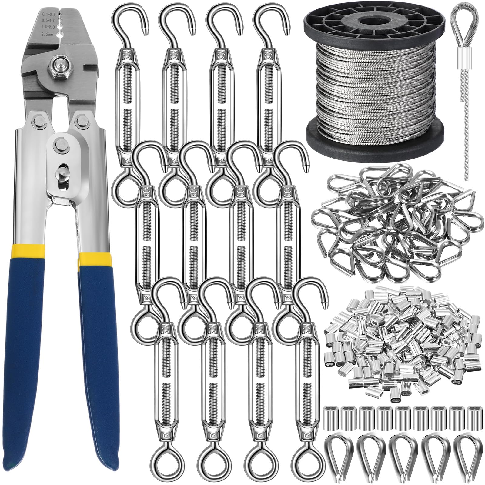 Kit di 264 pezzi da 100 m per crimpatura di funi metalliche, gancio e occhiello, in acciaio inox, ditale per fune metallica in alluminio, per esterni, giardino, cucina, ringhiera, kit per