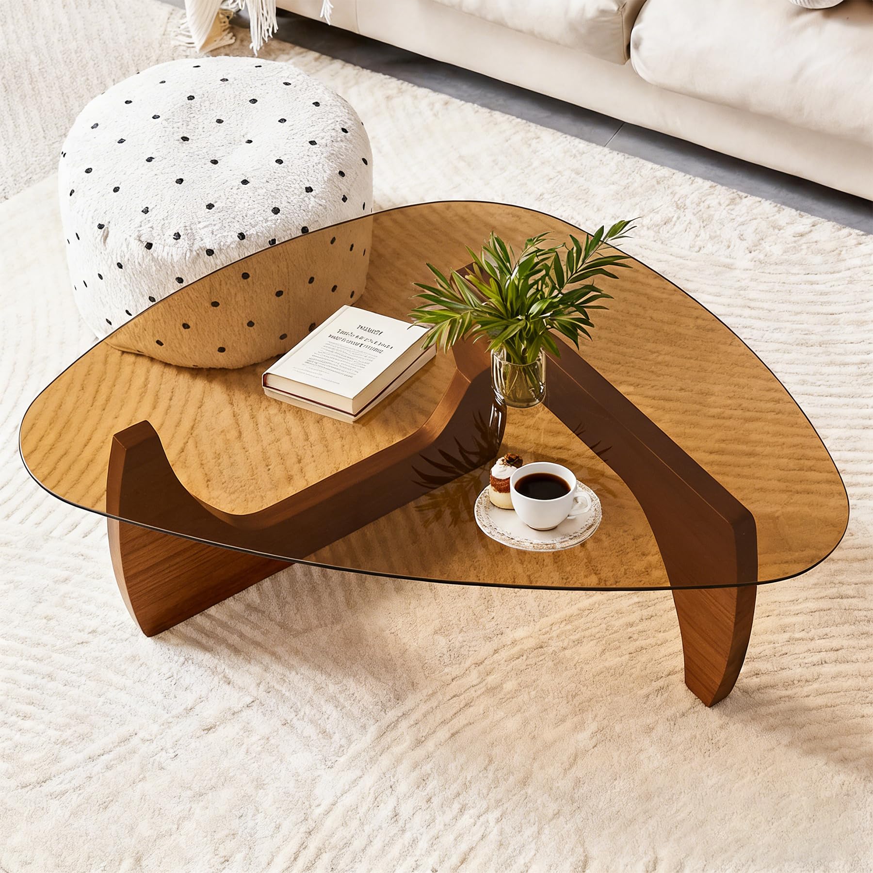 Small Coffee Table, Modern Glass Coffee Tables for Living Room, Mid Century Coffee Table, Funky Minimalist Center Tables for Bedroom Reception Office (Walnut Brown, 31.5in)