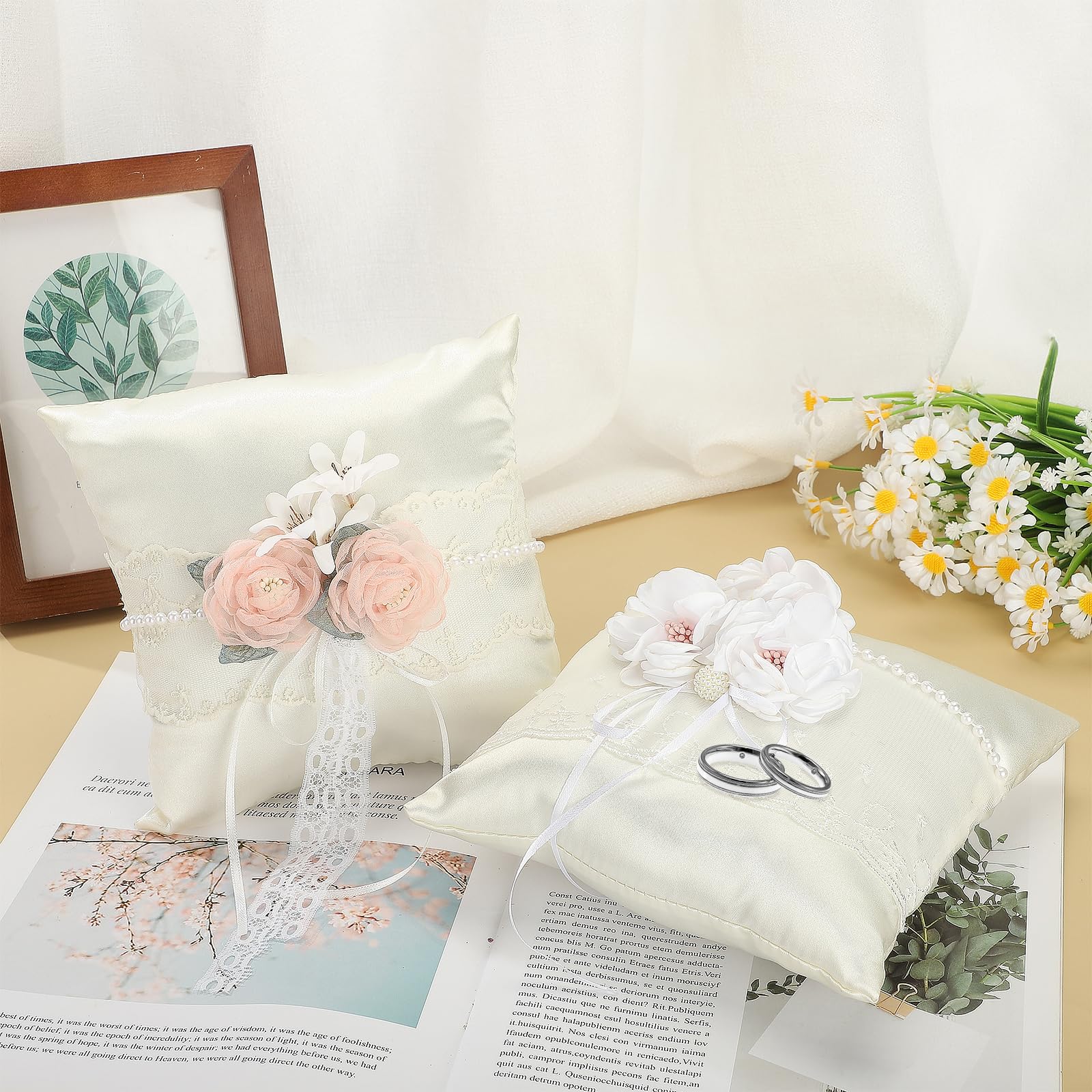 Cuscino Fedi Nuziali In Jute Ricamato - Elegante Con Fiocchetto Per Matrimonio 21x21 Cm - Foto 10