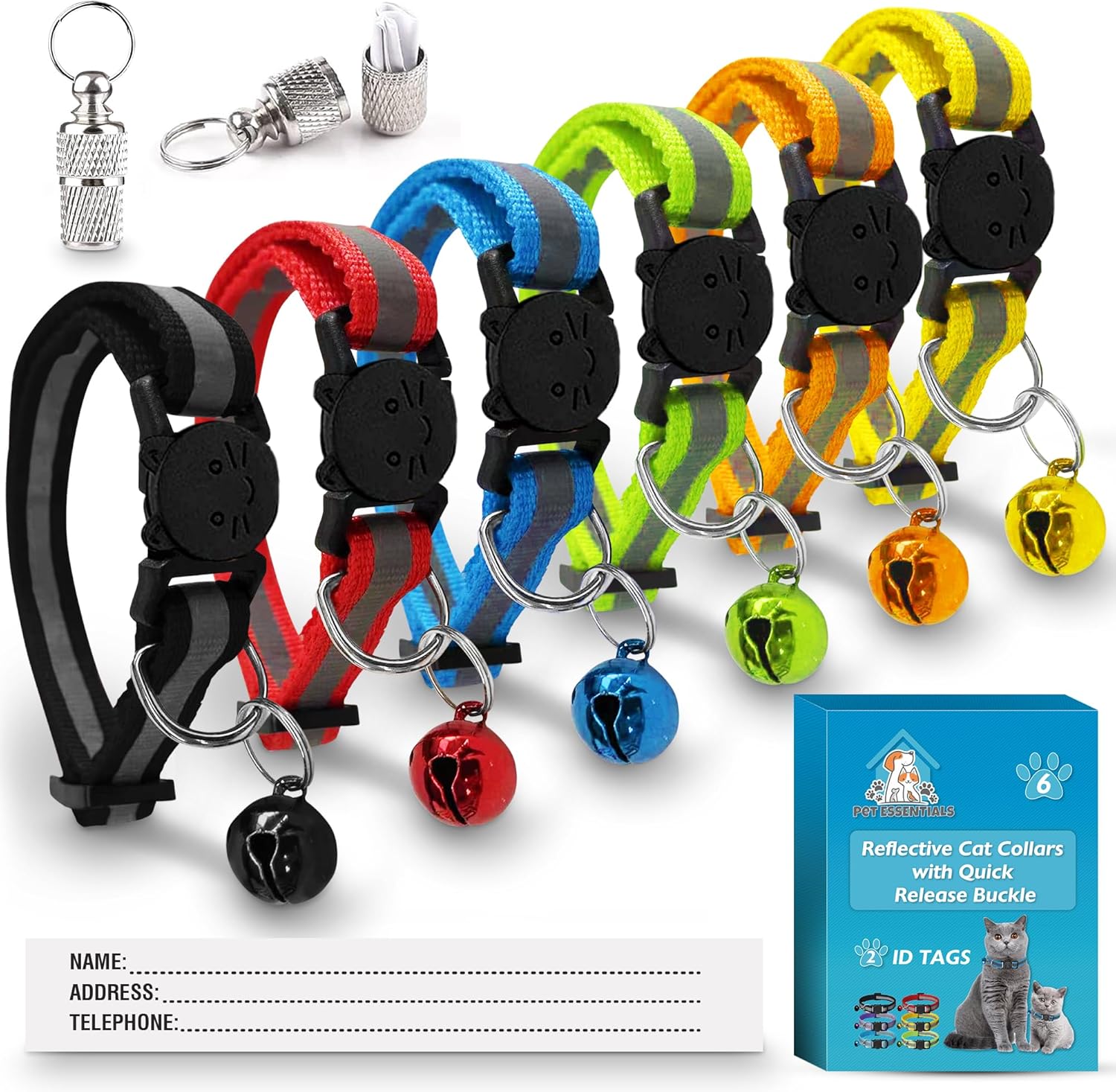 6pk Quick Release Reflective Cat Collars with Bells and Safety Release