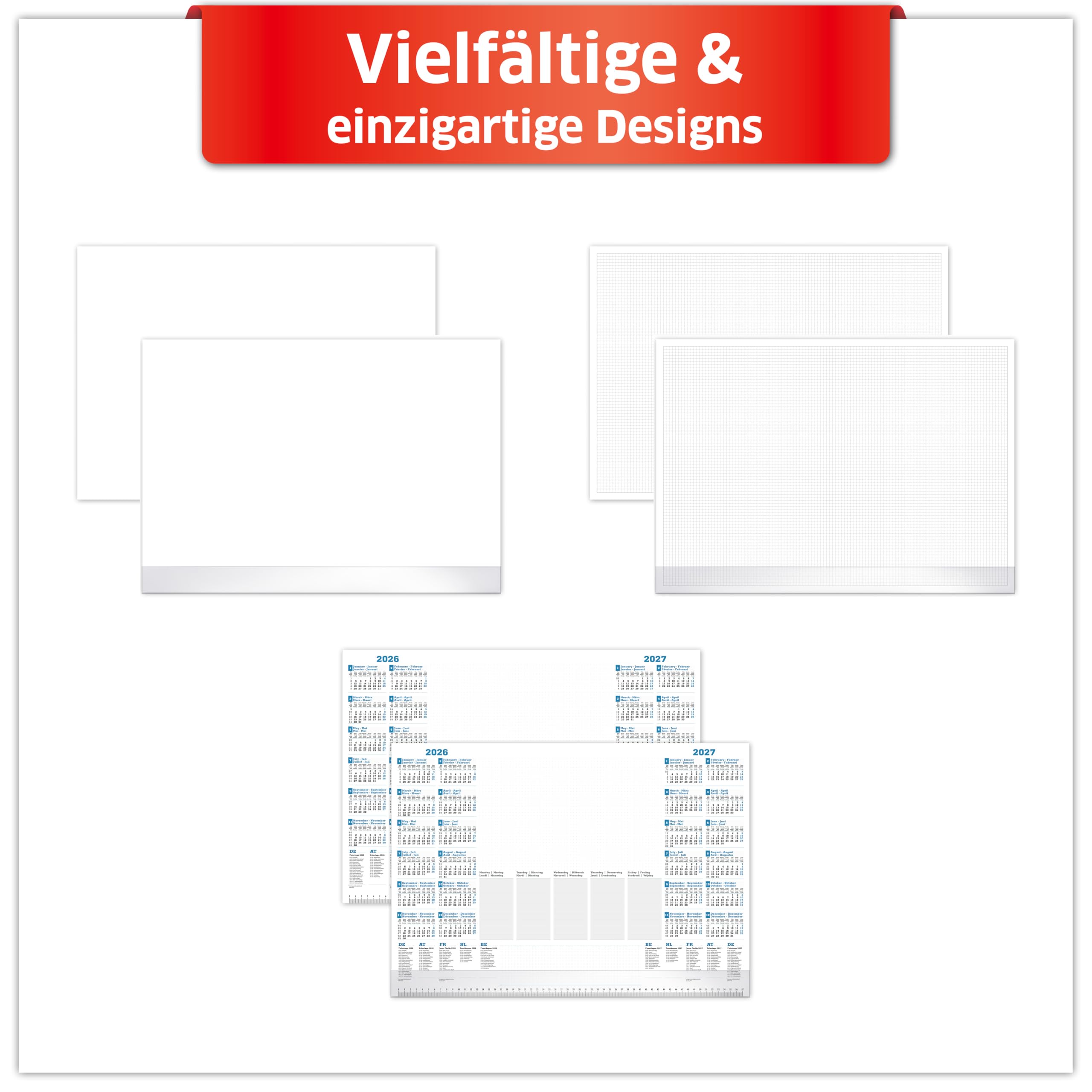 PRIMUS PRINT Schreibtischunterlage Papier DIN A2-2026 & 2027 Jahreskalender - 80g Dickes Naturpapier - Stabiler Papprücken - 25 Blatt - mit Schutzleiste - Büro und Homeoffice [10er Set]