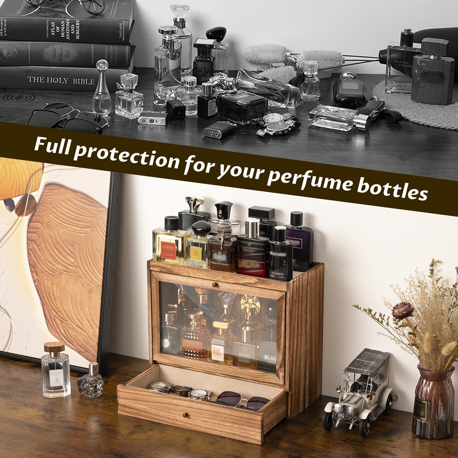 Soporte de colonia, organizador de perfume de madera maciza para hombre, organizador de perfume a prueba de polvo de gran capacidad con cajón de almacenamiento de perfumes, joyas y cosméticos