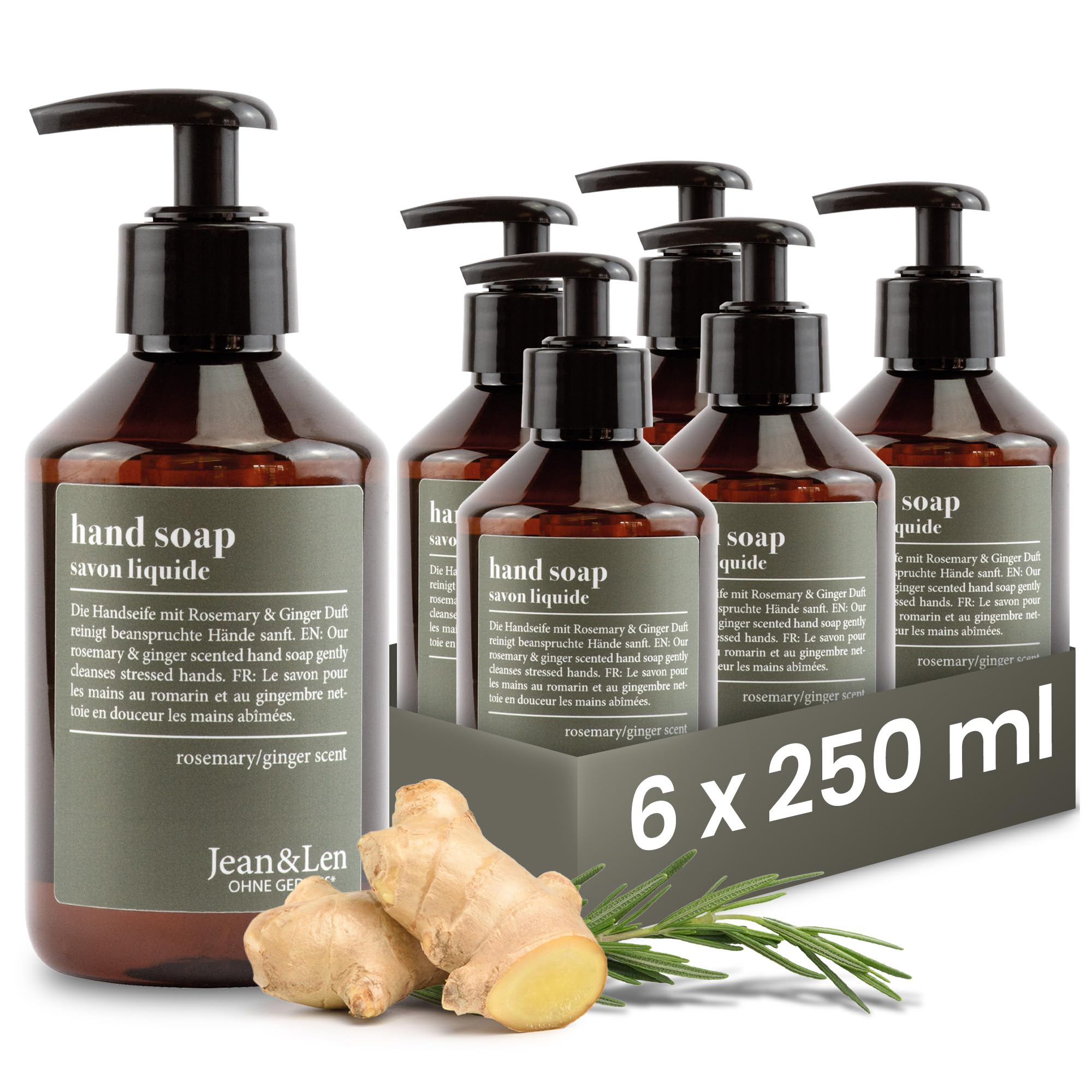 Jean & Len Handseife Rosemary & Ginger, reinigt beanspruchte Hände, für die tägliche Anwendung, Flüssigseife im nachfüllbaren Pumpspender, ohne Parabene & Silikone, 6 x 250 ml