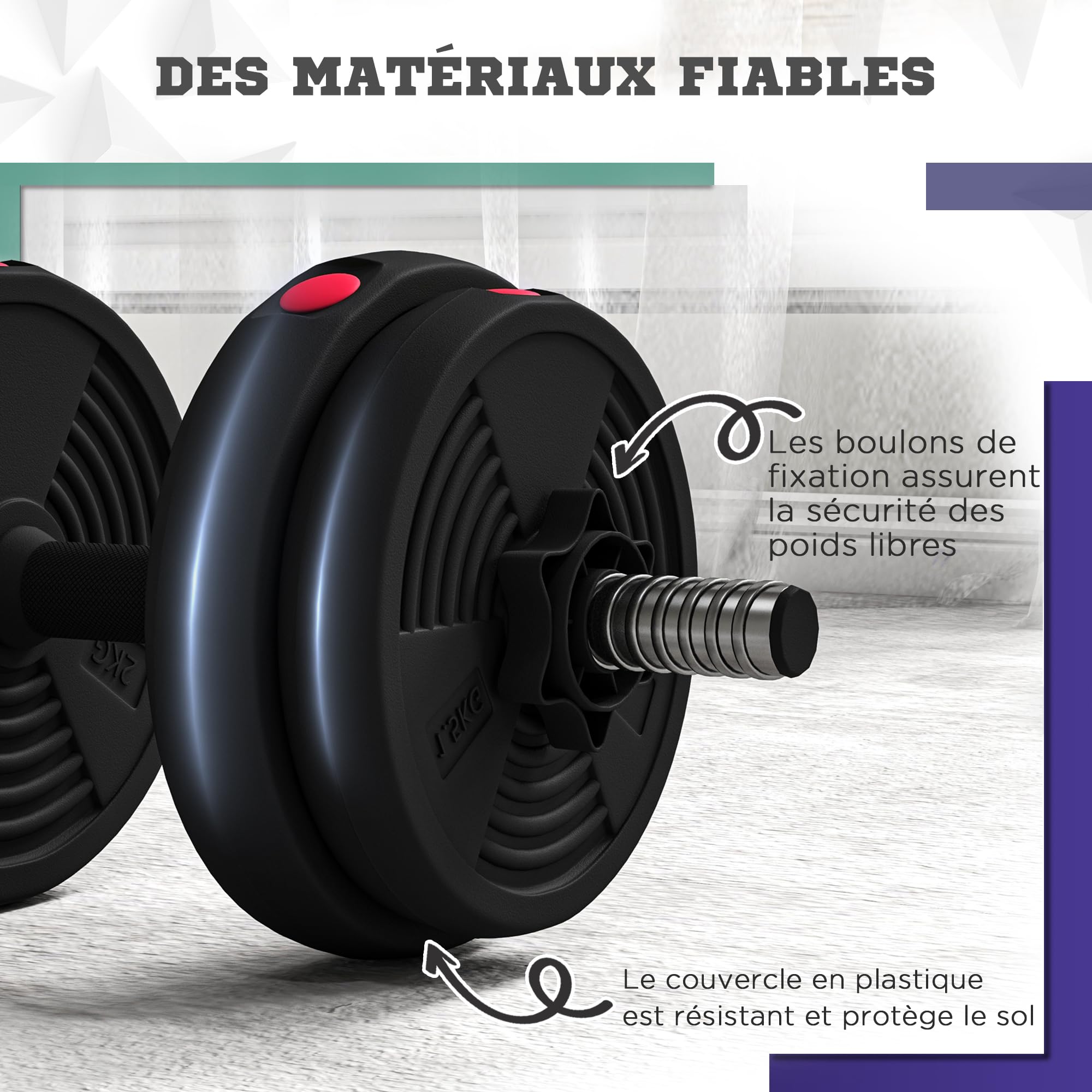 SPORTNOW Haltères 2 en 1 réglables, haltères libres avec poignées antidérapantes, 15KG - Barres incluses - entraînement Musculaire & haltérophilie