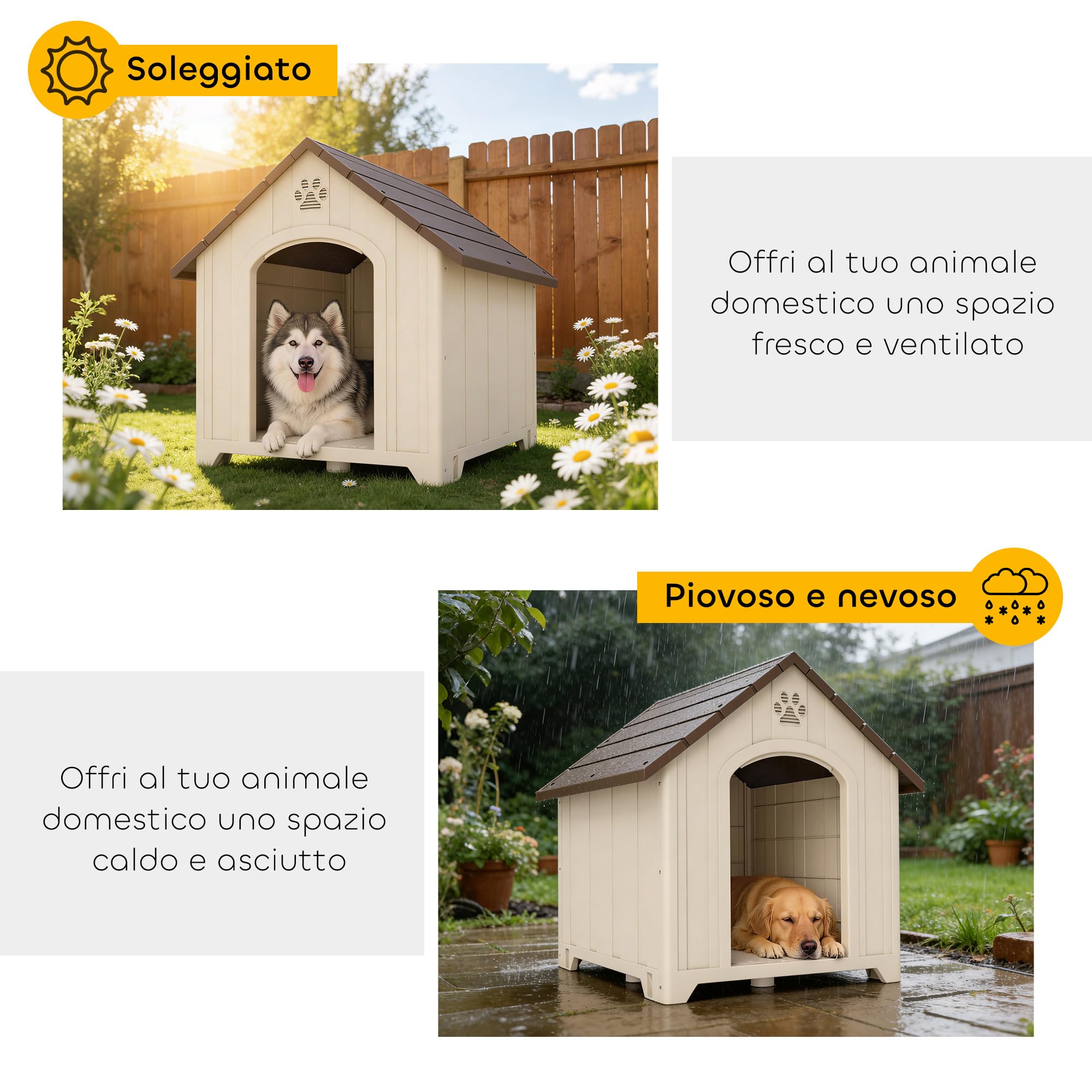 PawHut Cuccia per Cani da Esterno, Taglia Media Grande, Casetta per Cani in Plastica Impermeabile con Base Rialzata, Finestre e Tetto Spiovente per Giardino, Patio, Terrazza, Casa, 88x78x89 cm, Beige