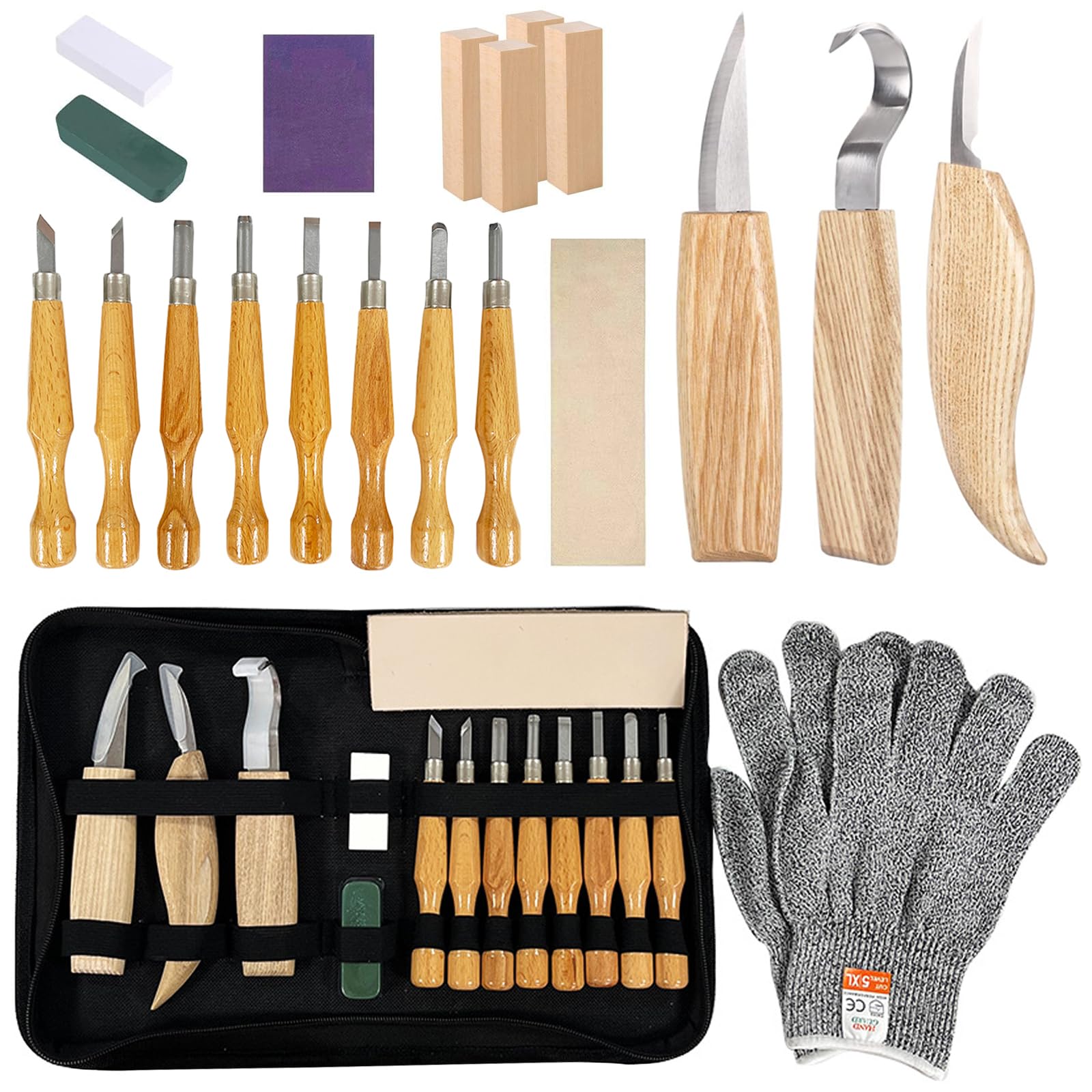 Strumenti Per Intaglio Del Legno - 21PCS Kit Intaglio Legno Professionale, Portare pietra pomice, cera, carta vetrata e guanti, Adatto a principianti e professionisti