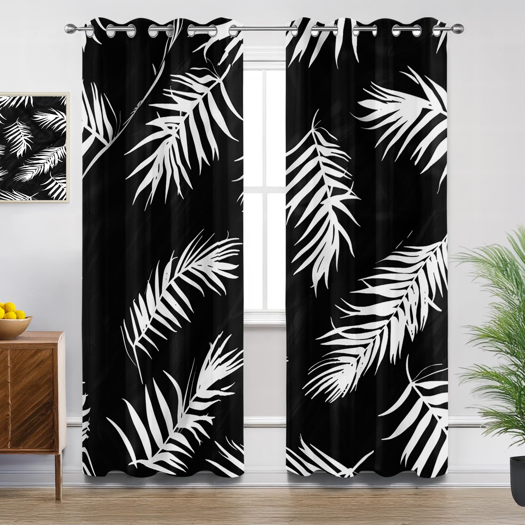 Leaf Blackout Curtains - Black White Modern Palm Leaves Minimalist Curtains Eyelet, Thermal Insulated Curtain for Living Room Bedroom, W66 X D90, 2 Panels Drapes House Decor