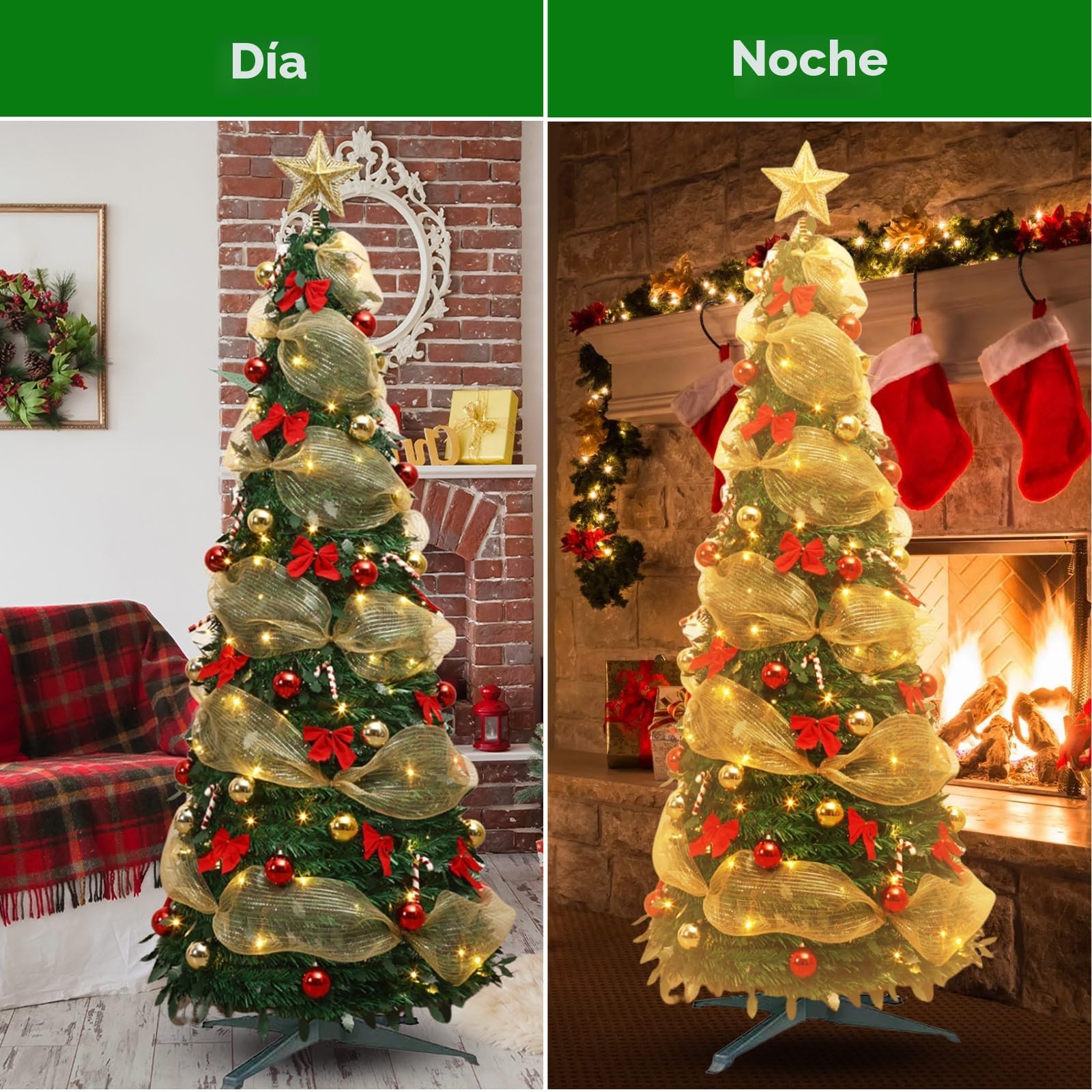 Árbol de Navidad plegable, 1,2 m/1,5 m, árbol de Navidad emergente con luz LED, árbol plegable, decorado con cinta y lazo, árbol de Navidad luminoso LED para decoración de vacaciones interiores (A-1,2
