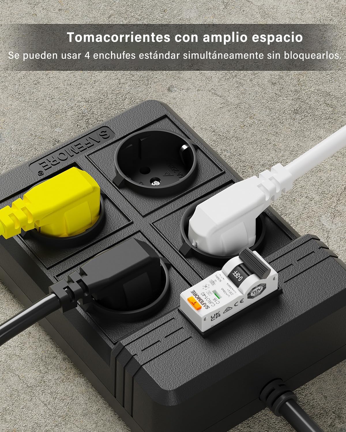Regleta con 4 Enchufes 16A 4000W, Cable de 3m,Negro