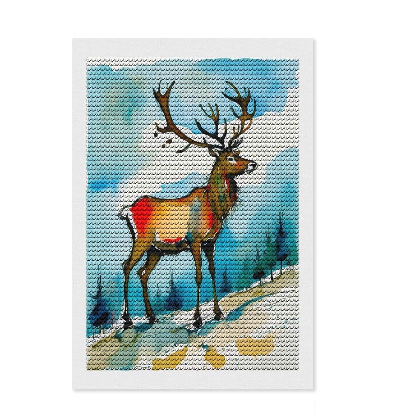 Junmoney Watercolor Reindeer in Winter DIY Diamond Art Canvas Kit 8"x12", Satisfying Creative Project, Mindful Craft Activity, Cosy Home Accent, Gift Idea