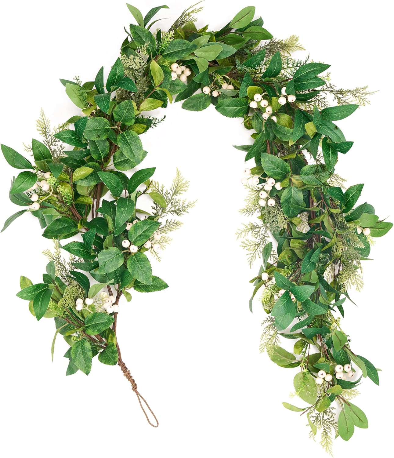 GENMOUS Artificial Greenery Garland, 5.3 Ft Long Spring Garland with Cedar, Laurel and Cypress Leaves, White Berries for Wedding Arch Farmhouse Mantle Table Runner Centerpiece Home Party Decor