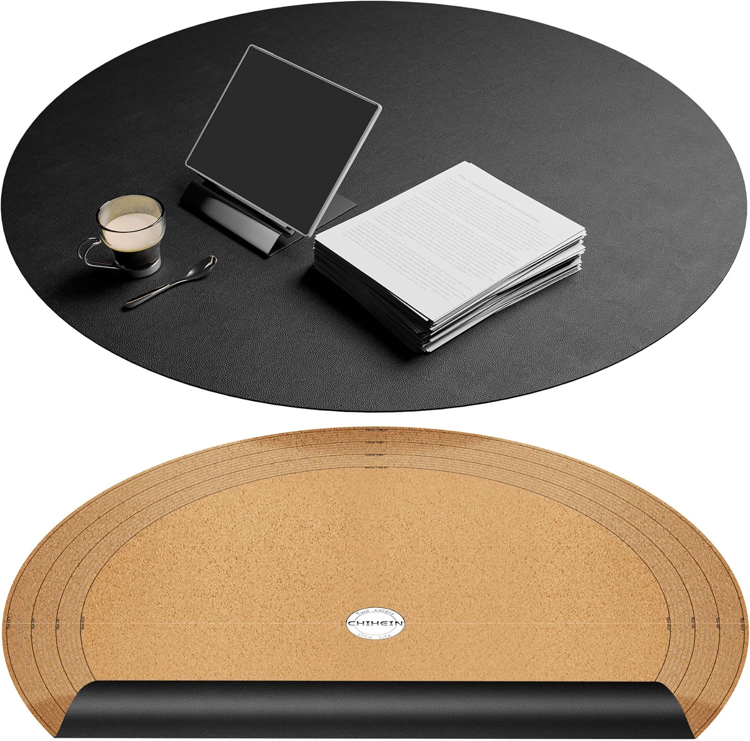 Chihein 30"/762mm/2.5ft Round Placemat with Cork & PU Leather - Can be Cut into Half Circle Dining Table Mat or The Round Table Cover with A Diameter of 24" - 30" (Black)
