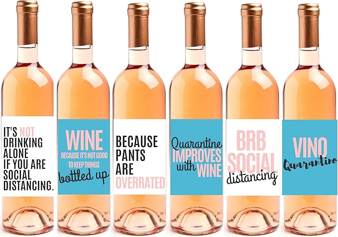 6 Quarantine Gift Wine Bottle Labels Perfect for Social Distancing Gift or for Alone Time, Quarantine Birthday Gifts, Funny Quarantine Gifts for Wine ...