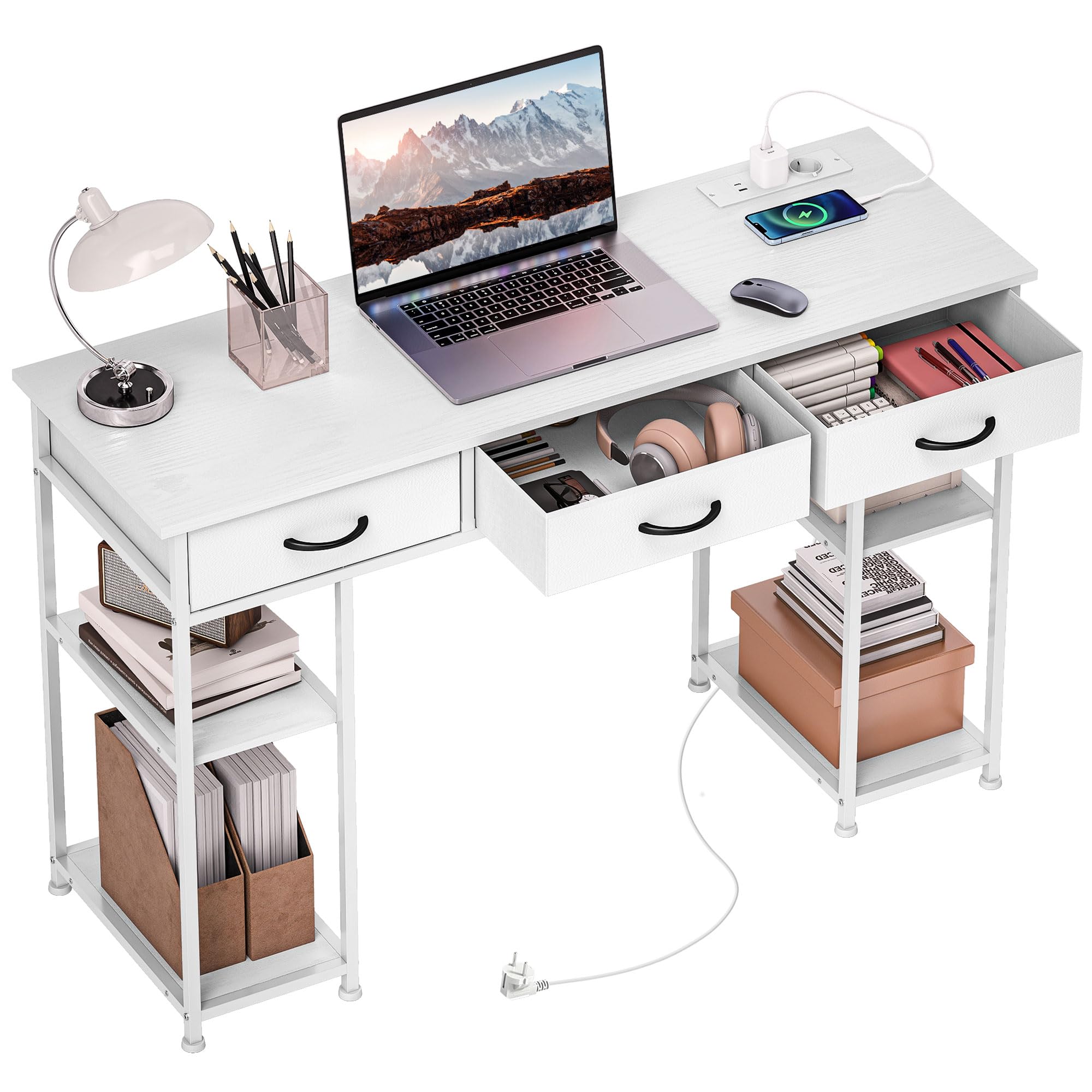 HOMCOM Bureau d'Ordinateur avec Rangement, 3 Tiroirs, 120 x 40 cm, Blanc | 2 Prises de Charge USB, 2 Prises de Courant, Bureau avec Rangement, Étagères Réglables, Tiroirs en Tissu, Poste de Travail