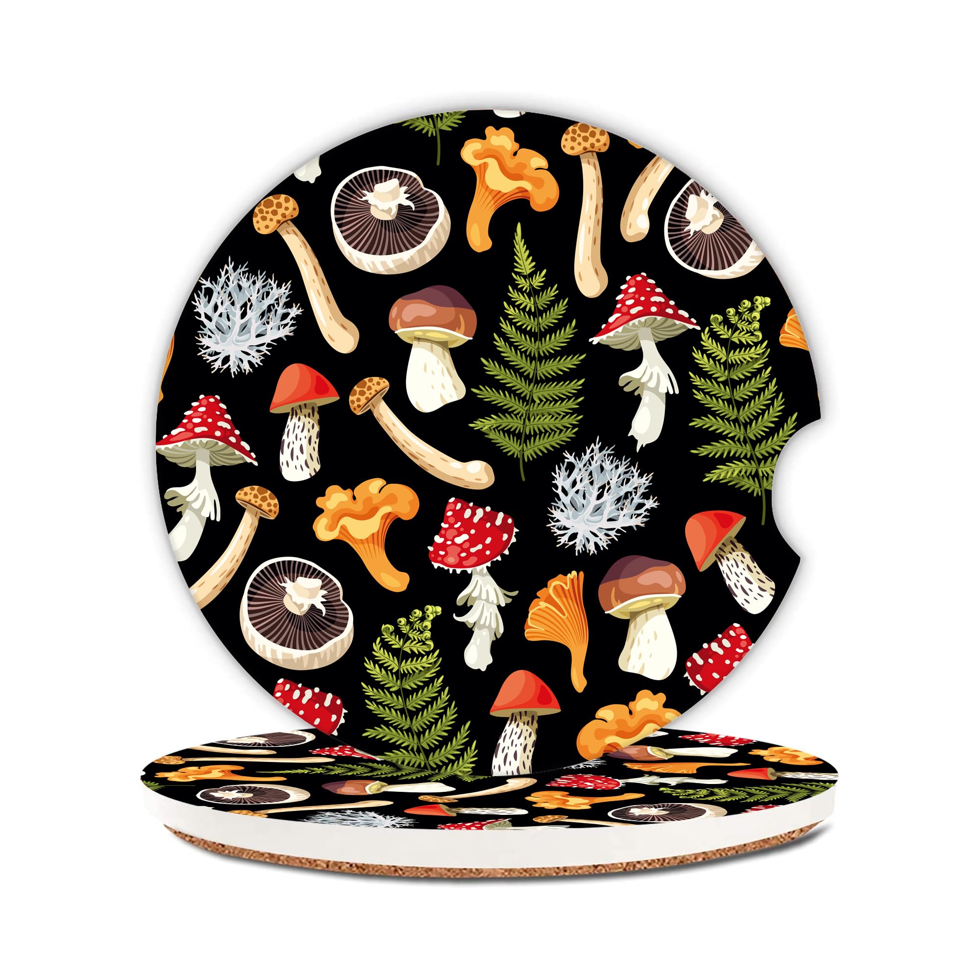 Colorful Mushrooms (2) Car Coasters,Ceramic Absorbent Cup Holders with Finger Notch & Cork Base Car Assecories for Women/Men 2.6"(2 Pieces)