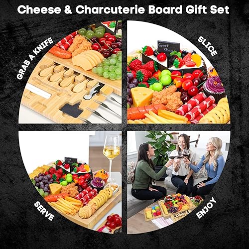 Miniatura 8 de Mosomboo Juego de tabla de queso de bambú de tres cajones y tabla de charcutería grande con bandejas para servir, nuevo hogar único, inauguración de