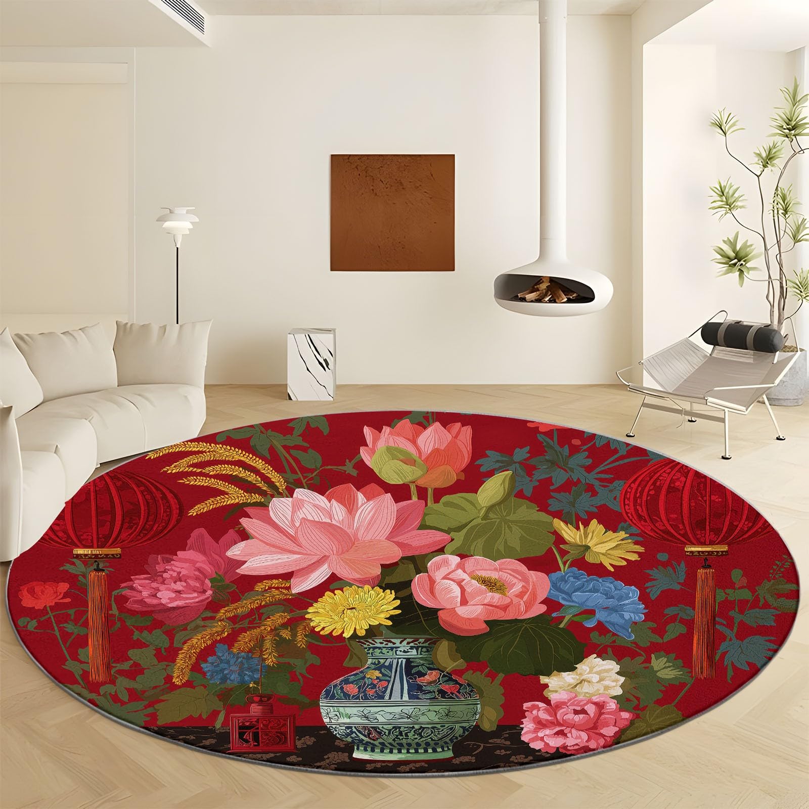 Tapis salon rouge rond 100 cm style chinois lotus moquette chambre
