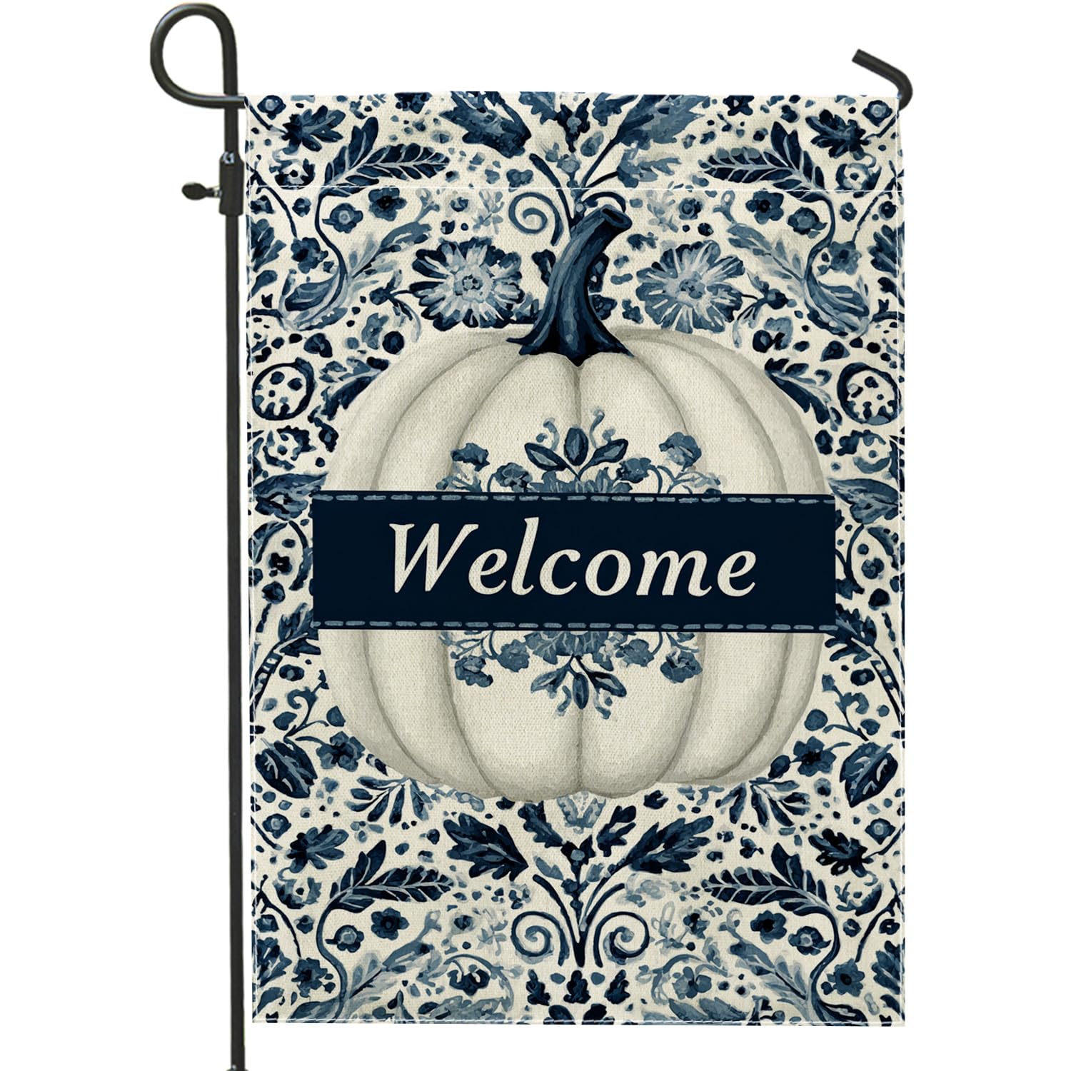 Autumn Pumpkin Floral Garden Flag, Navy Blue White Welcome Home Decor Banner, Double Sided Burlap Yard Flag Outdoor Lawn Decoration 12x18 Inch