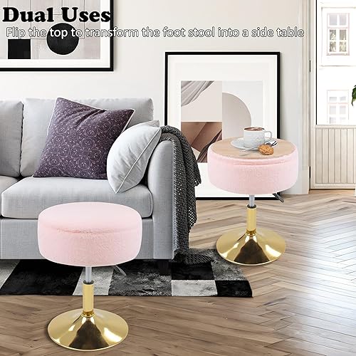 Miniatura 3 de Taburete de tocador rosa para sala de maquillaje, silla de tocador de piel sintética, otomana de almacenamiento redondo, reposapiés ajustable en