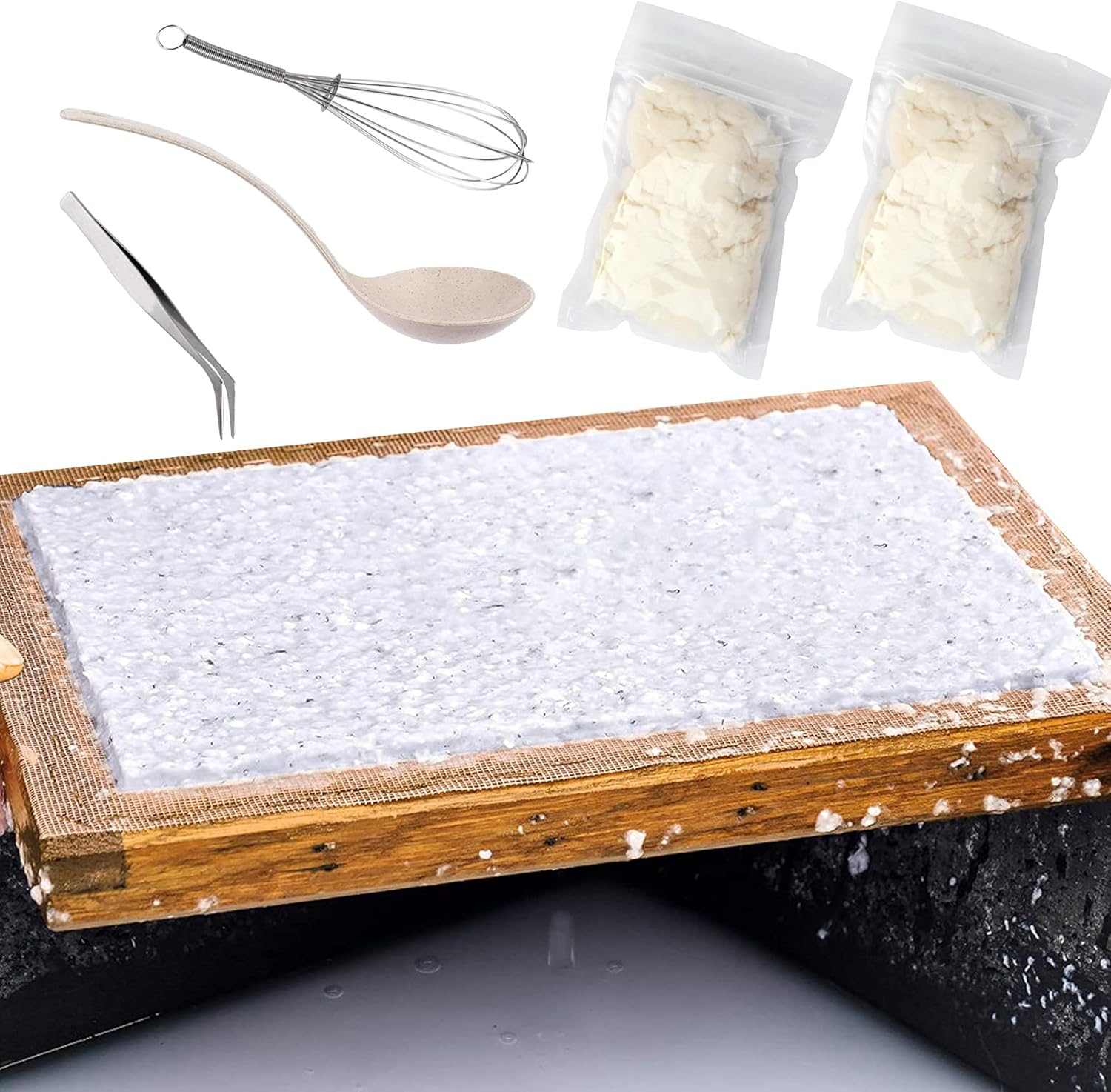 Cayway 9 Pack Dried Flower Paper Craft Set Include 3 Pack Mixed Wooden Paper Making Mold Frame, Dried Flowers, Spoon Stirrer