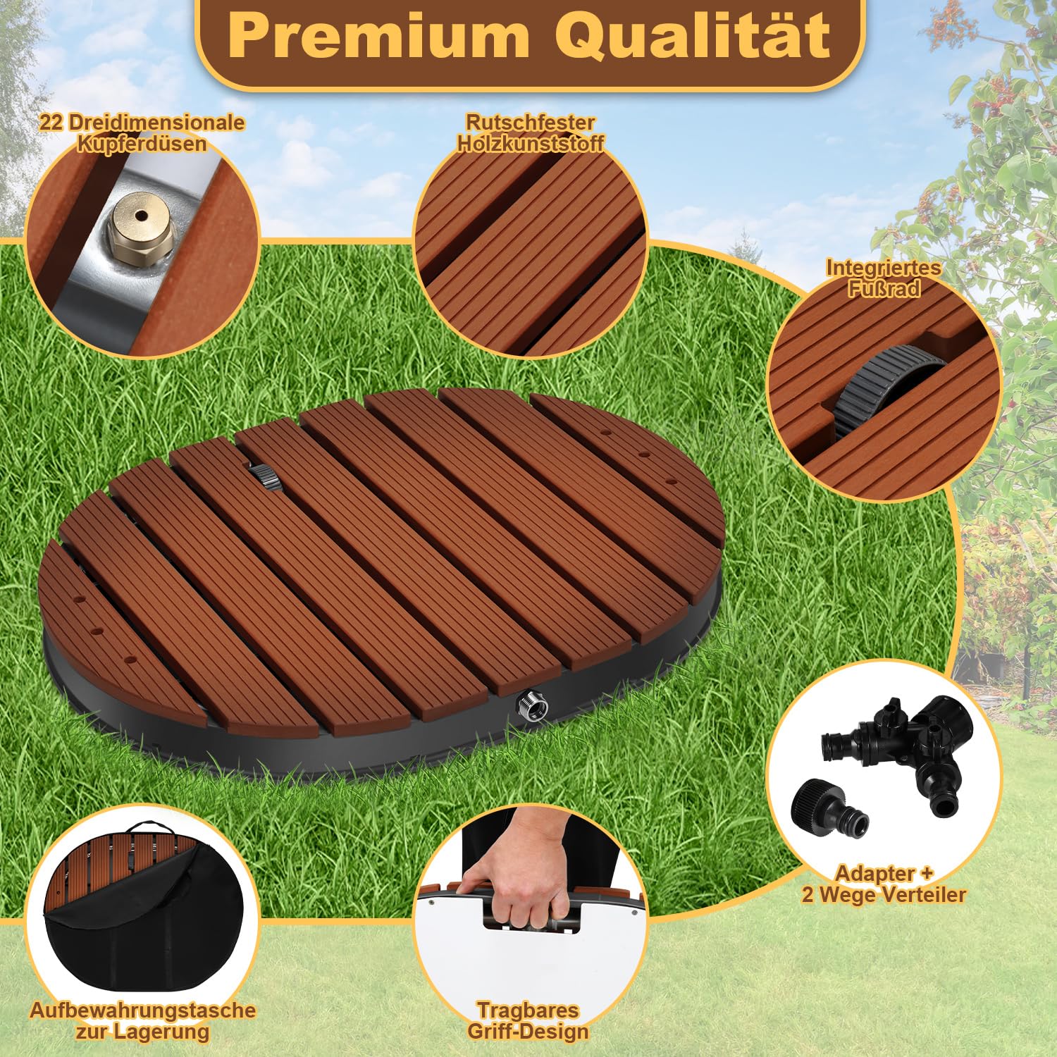 𝐎𝐥𝐥𝐞𝐰𝐢𝐞𝐥𝐥𝐚𝐧 Bodendusche Outdoor WPC, Gartendusche Außendusche mit Bodenplatte, Pooldusche mit 22 Messingdüsen,Wasserfontäne bis 4 m, Kalt-/Warmwasser Y-Verteiler,300 kg,Tragetasche