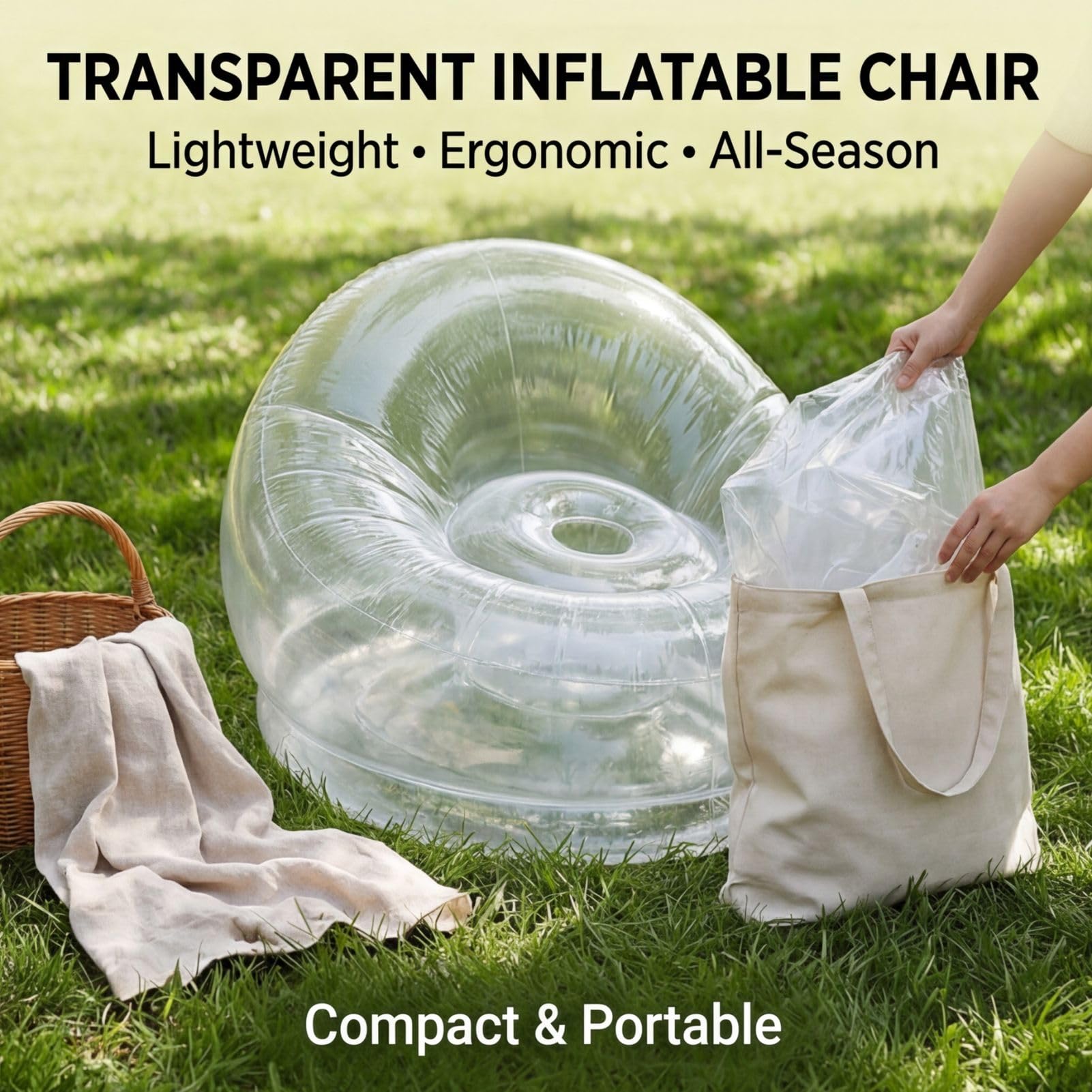 Sxhlseller Transparenter Aufblasbarer Sessel, Klarer Luftsofa Sitzsack für Innen & Außen, Ergonomisch, Leicht Tragbar, für Garten, Party, Strand, Pool, Camping, Schlafzimmer