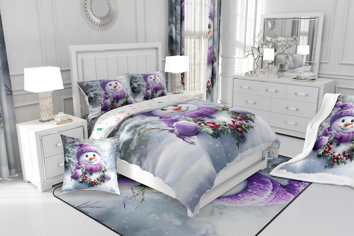 Kawaii Snowman Duvet Cover Set Toddler Size,Purple Hat Gloves Bedding Set for Kids Boys Girls Room Decor,Snow Scene Comforter Cover,Holly Leaves Quilt Cover with 1 Pillowcase(No Comforter)