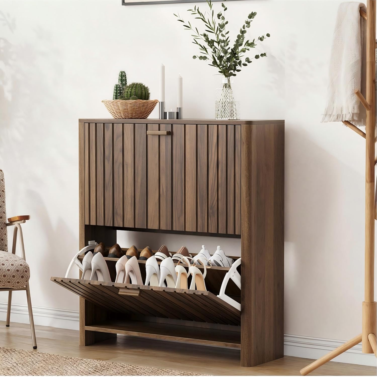 Shoe Storage for Entryway, Walnut Gradient Fluted Hidden Cabinet with Metal Legs, Organizer with Flip Doors, Slim Entryway Storage